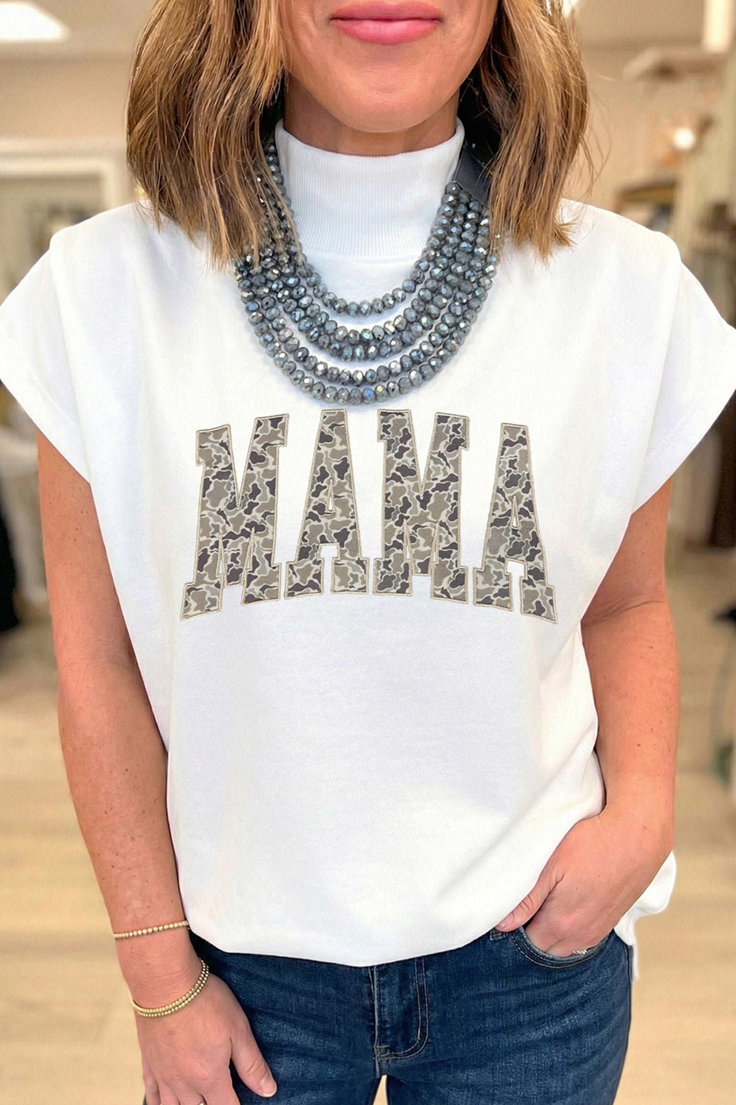 White Camouflage MAMA Lettering Cap Sleeve High Neck Top