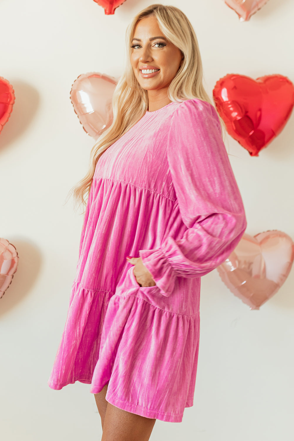 Pink Flounce Sleeve Tiered Ruffled Velvet Mini Dress