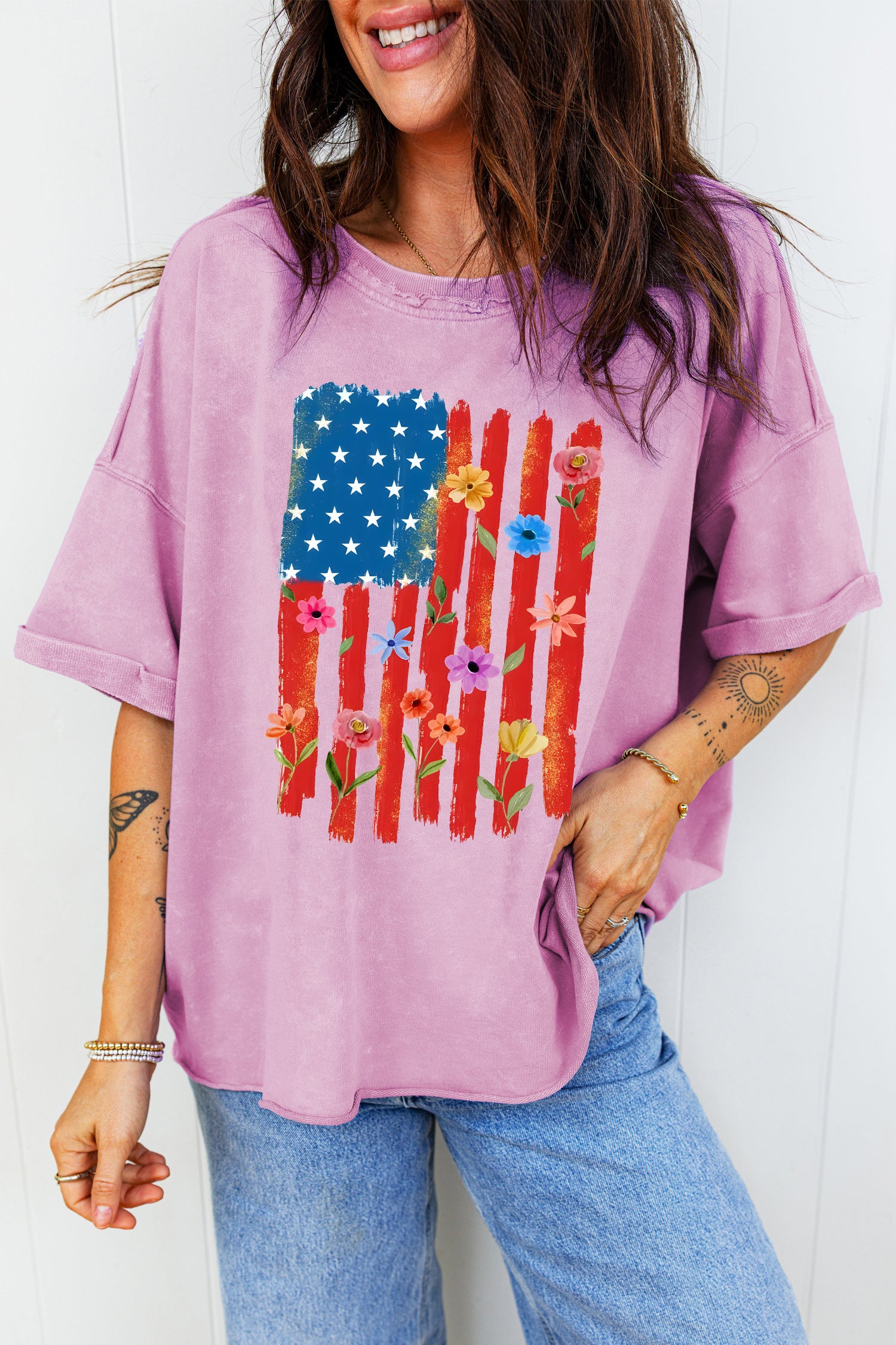 Lavendula Floral American Flag Printed Raw Edge Cotton Tee