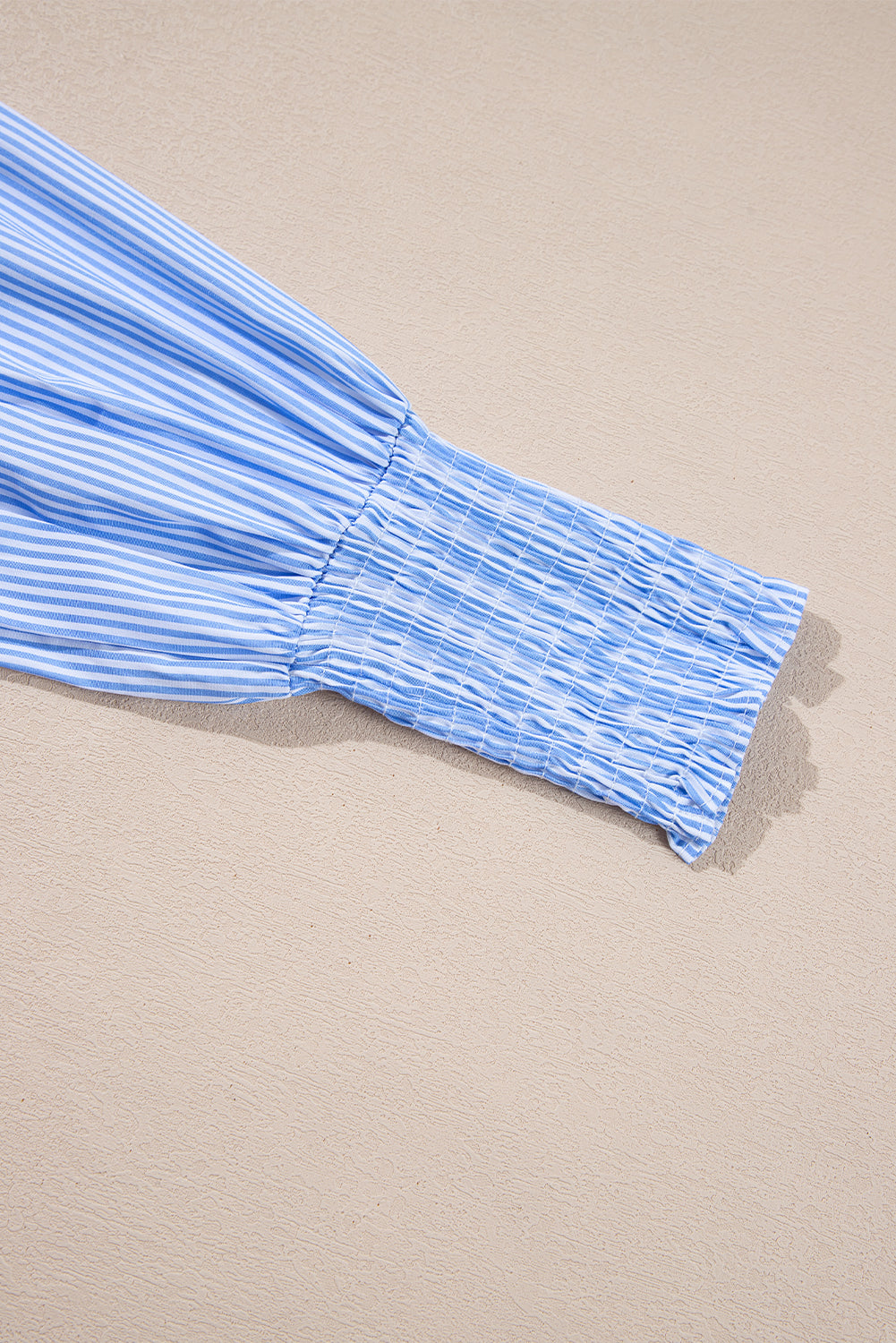 Sky Blue Stripe Pinstripe Long Sleeve Smocked Cuffs Button Shirt Collar Blouse