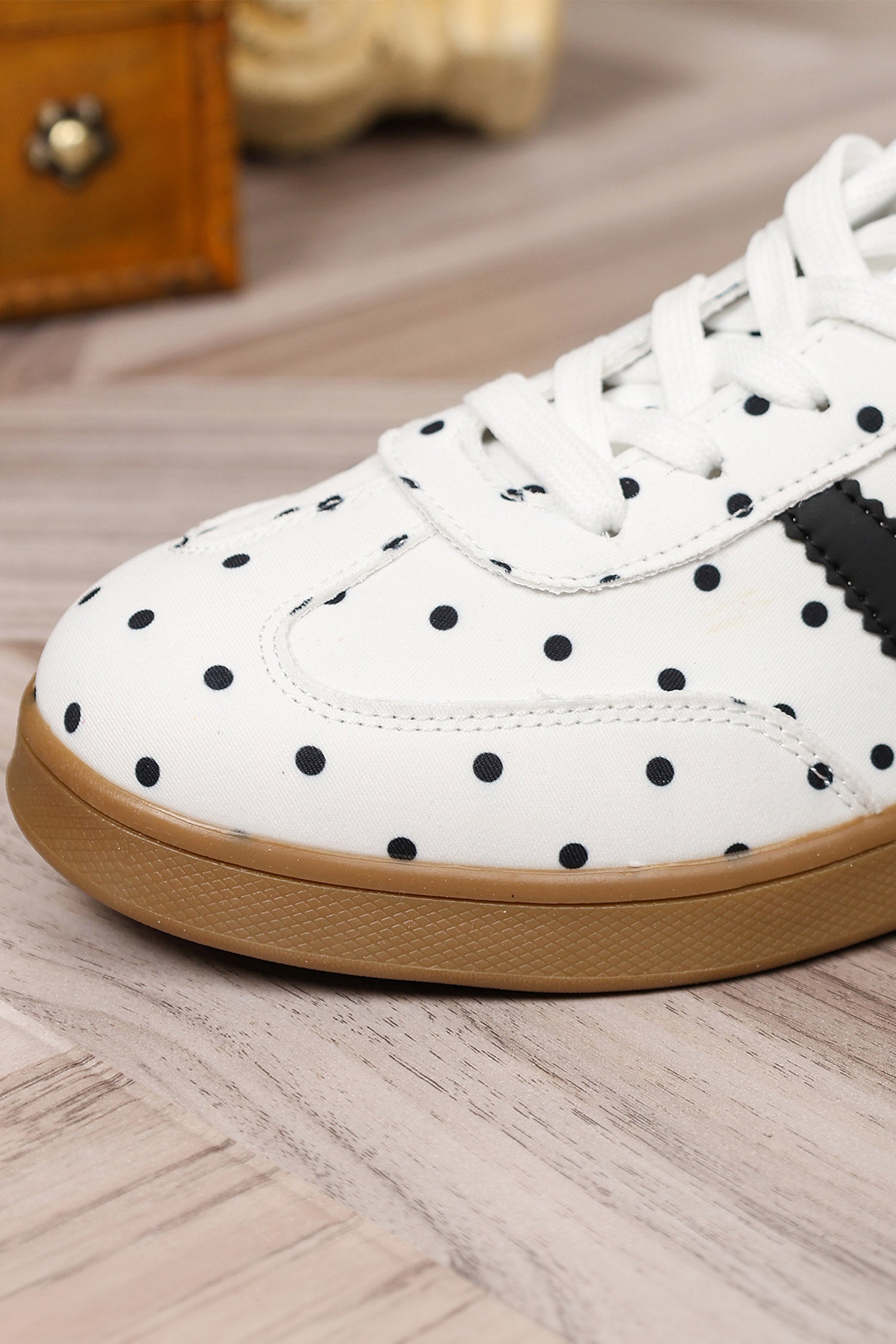 White Polka Dot Print PU Leather Color Block Detail Casual Sneakers