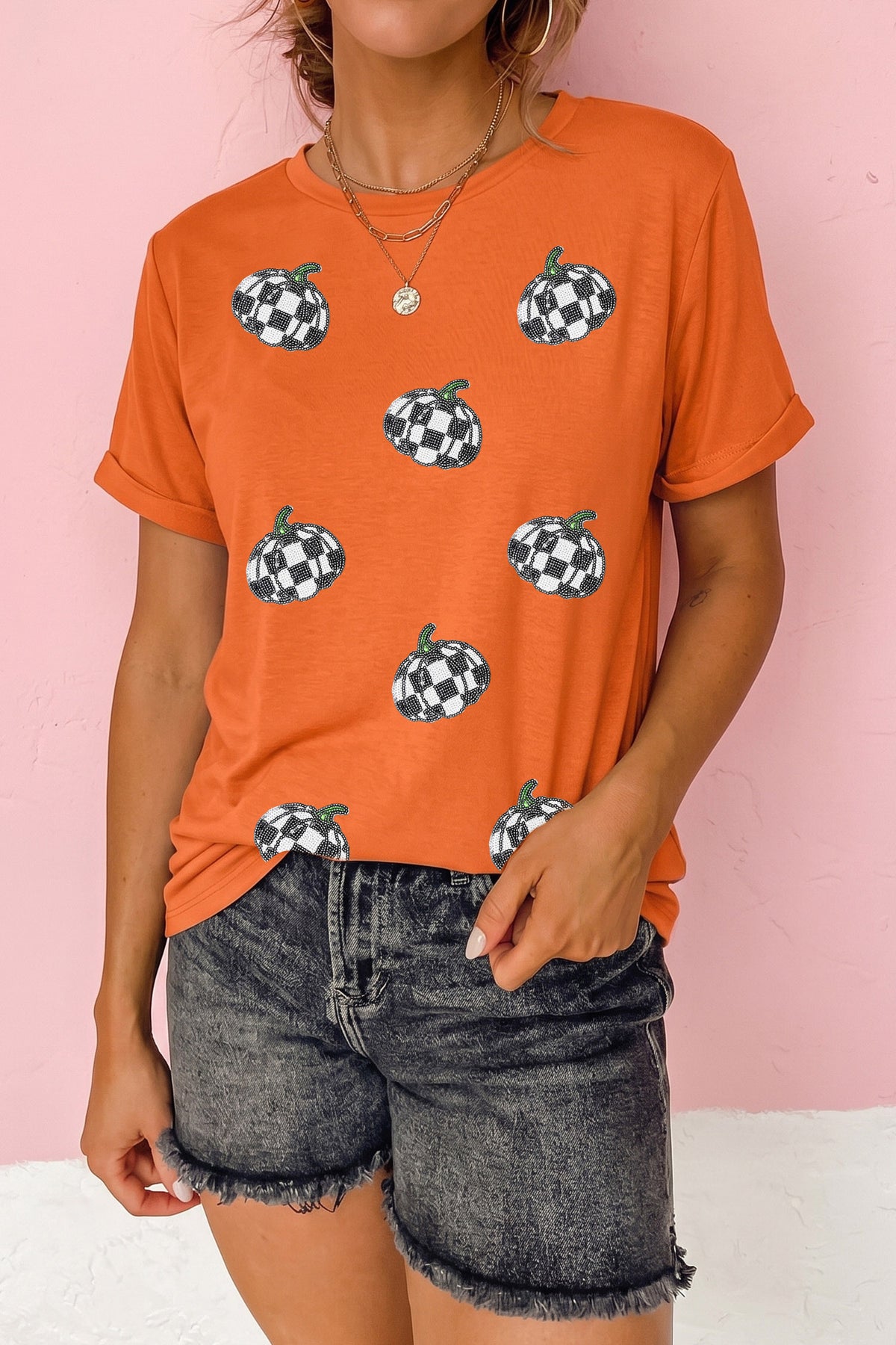 Orange Sequin Pumpkin Print Round Neck Short Sleeve Casual T-Shirt