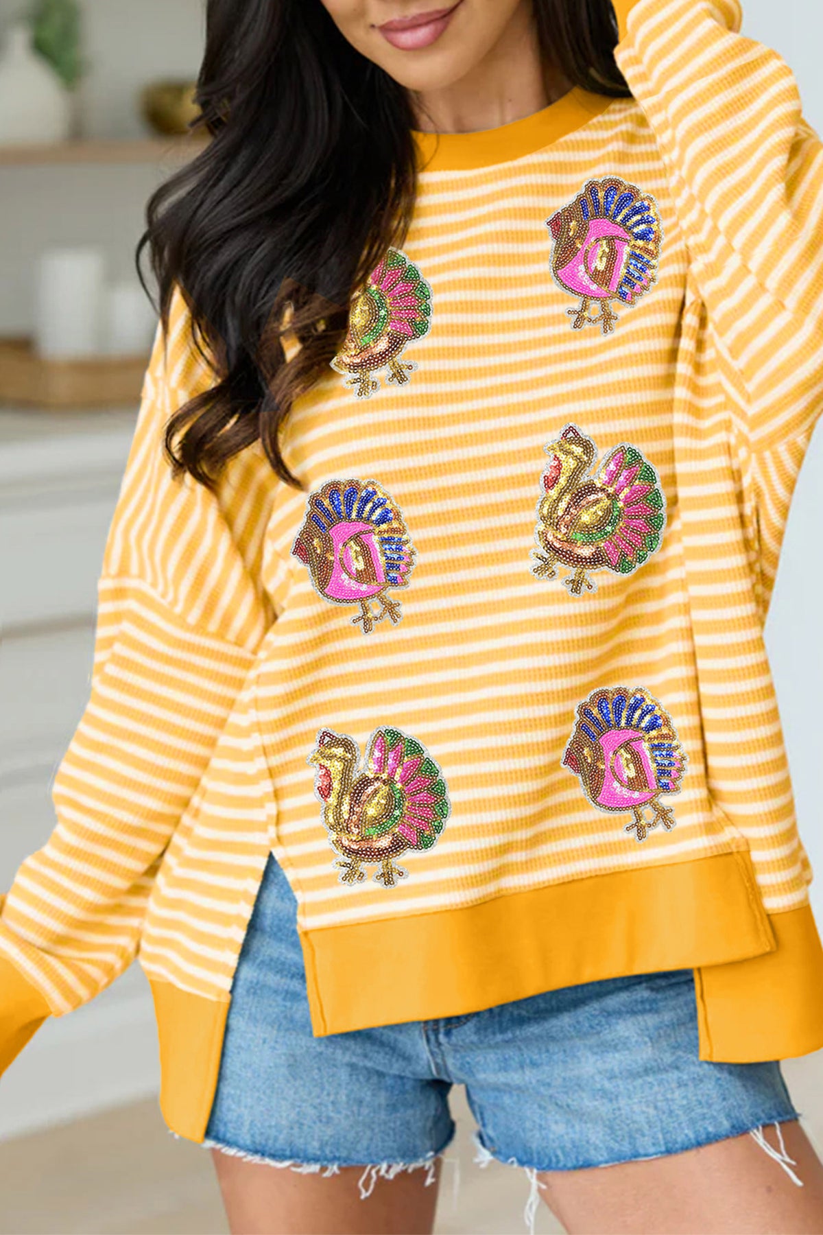 Khaki Stripe Sequin Turkey Graphic Split Hem Long Sleeve Relaxed Top
