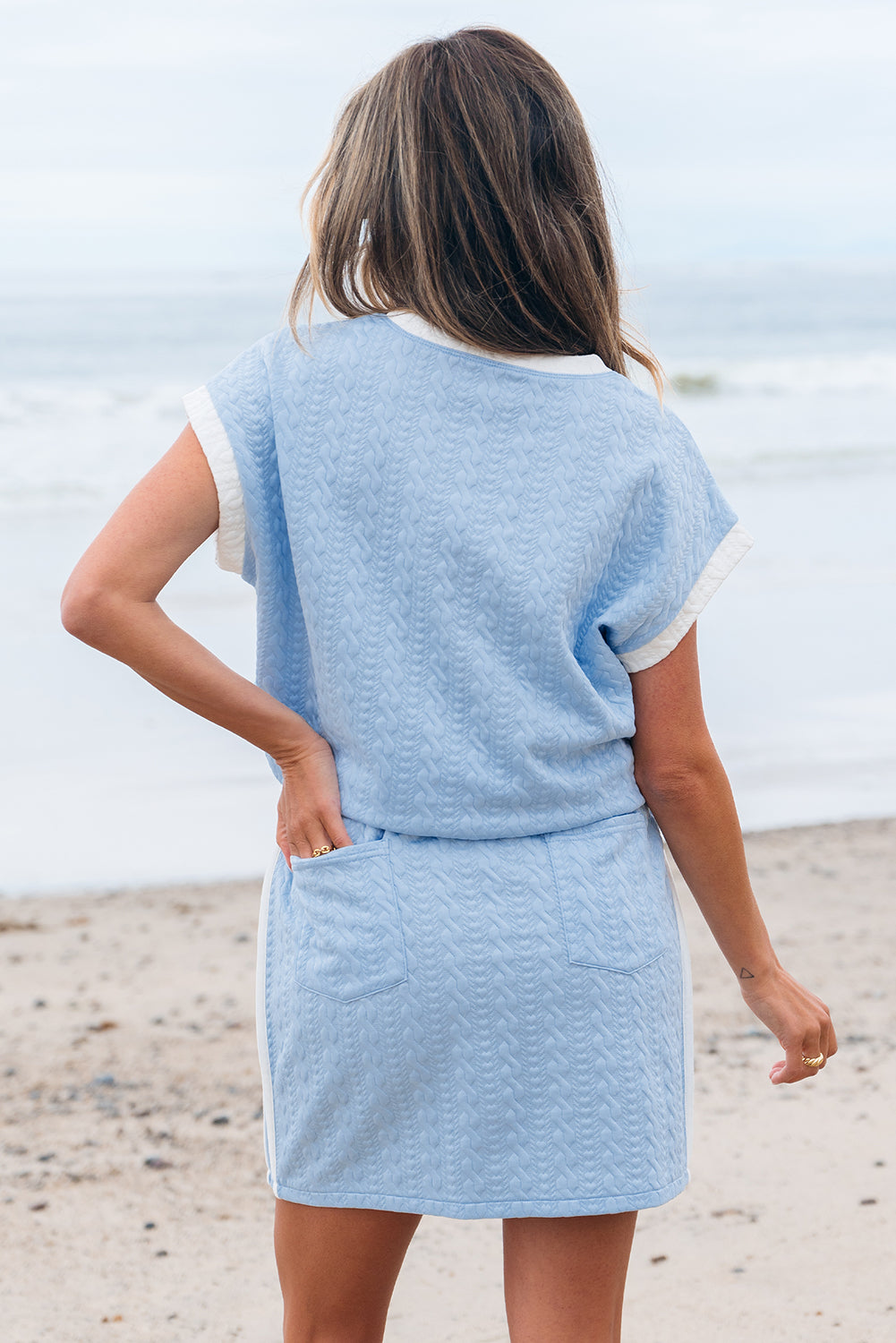 Beau Blue Contrast Trim Textured Crewneck Tee and Pocketed Skirt Set