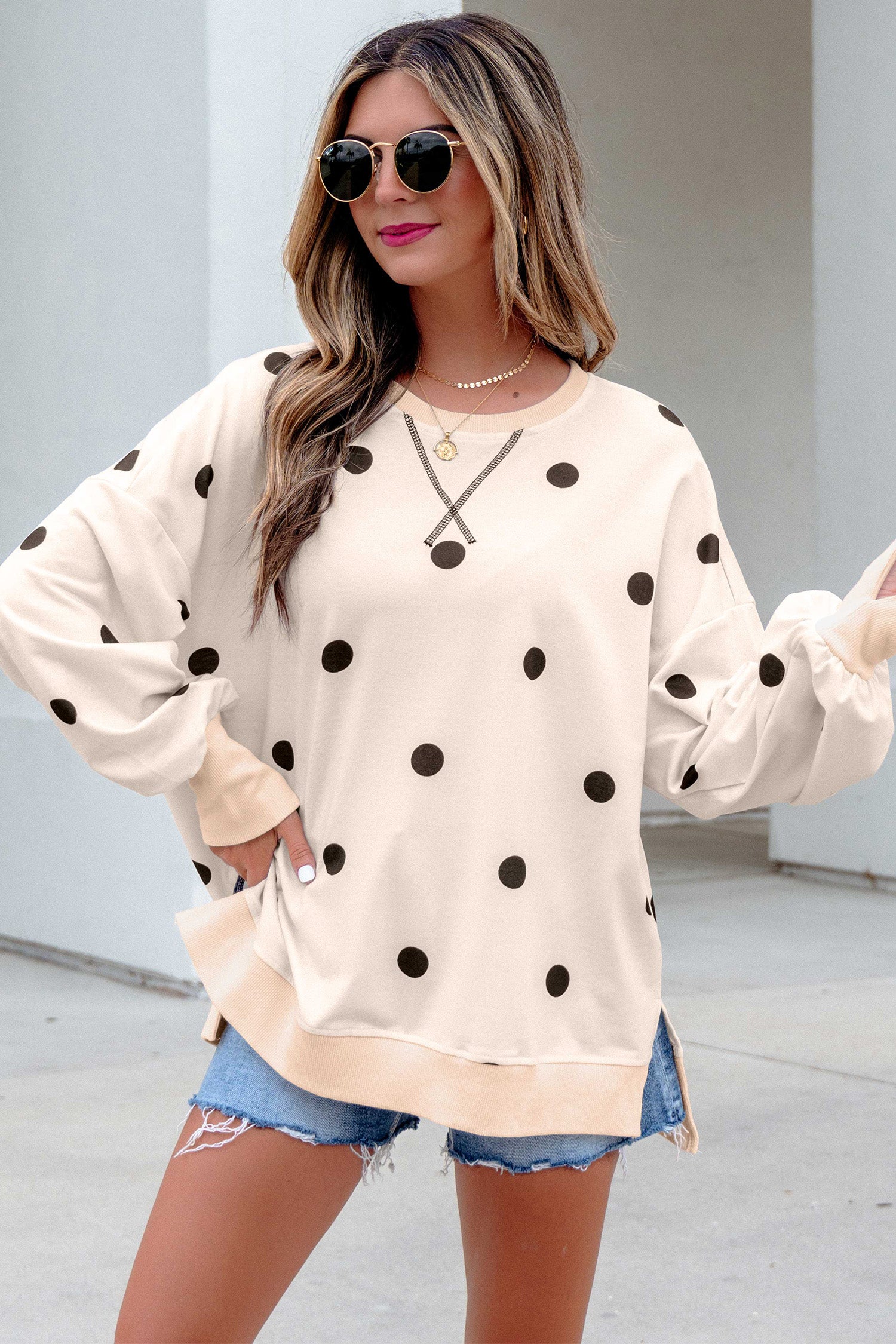 Beige Polka Dot Loose Long Sleeve Split Hem Pullover Top