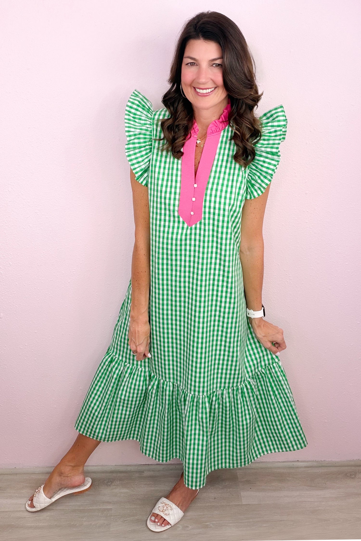 Bright Green Summer Color-Blocked Plaid Pattern Midi Dress