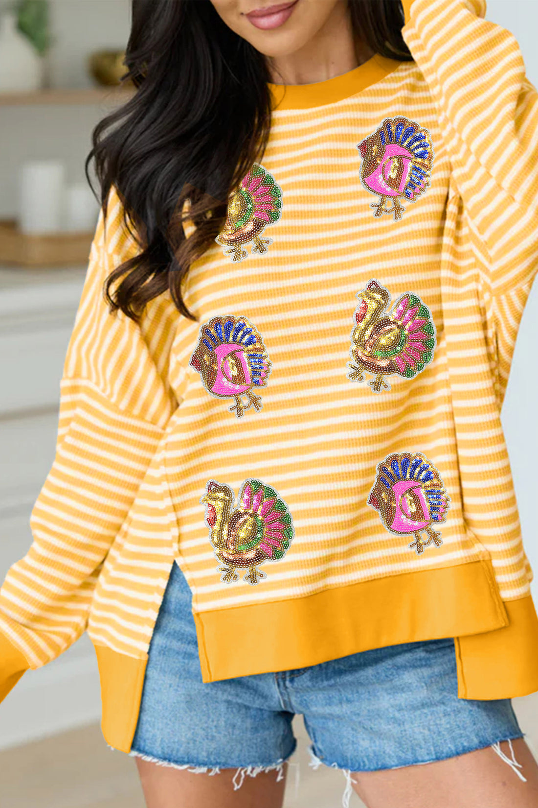 Khaki Stripe Sequin Turkey Graphic Split Hem Long Sleeve Relaxed Top