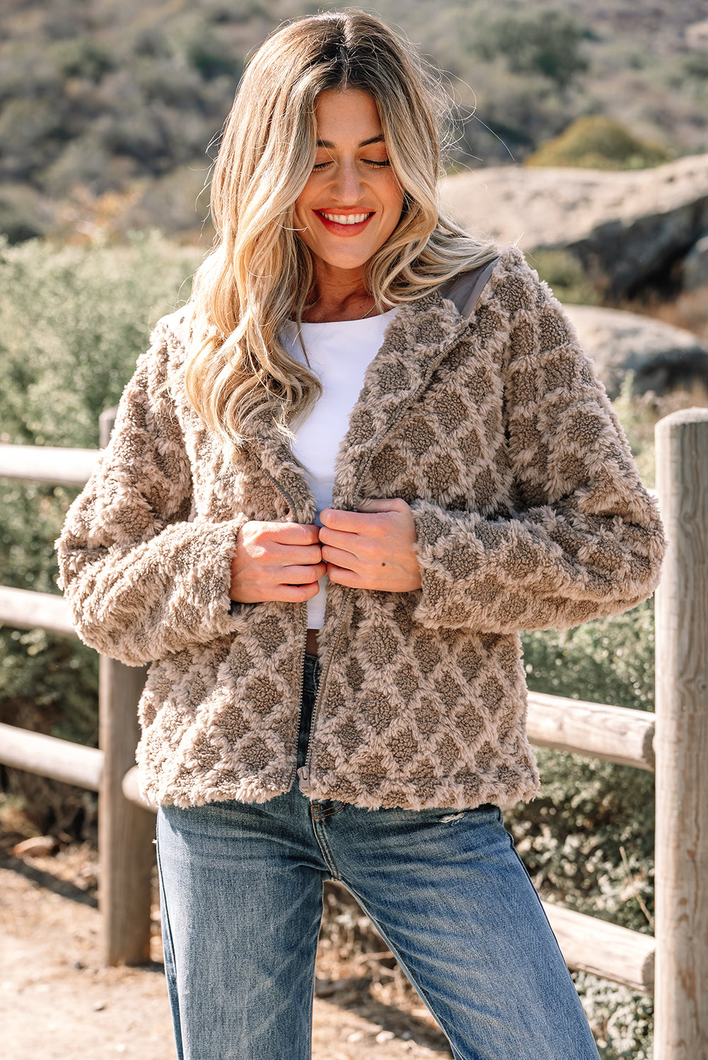 Chestnut Sherpa Rhombus Zip Up Side Pocket Hooded Jacket