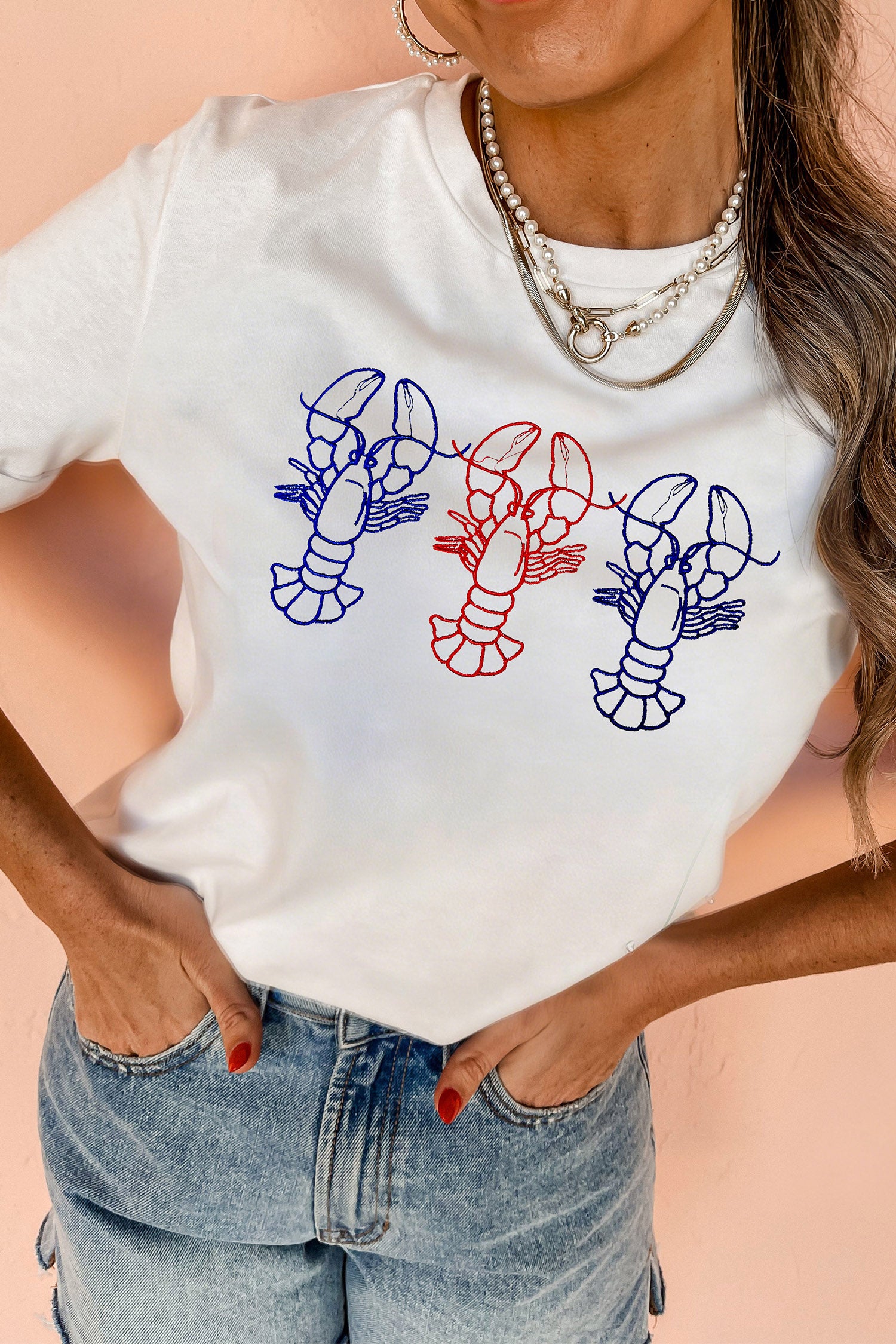 White Embroidered Crayfish Graphic Casual T Shirt