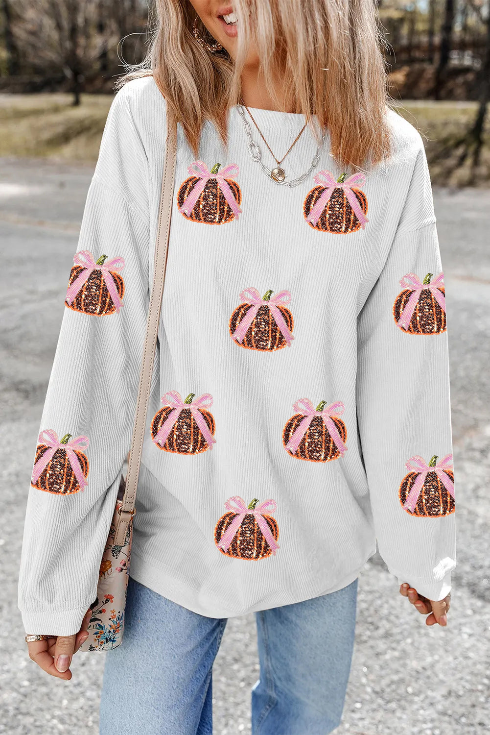 White Twisted Ribbed Sequin Bow Pumpkin Graphic Baggy Sweatshirt