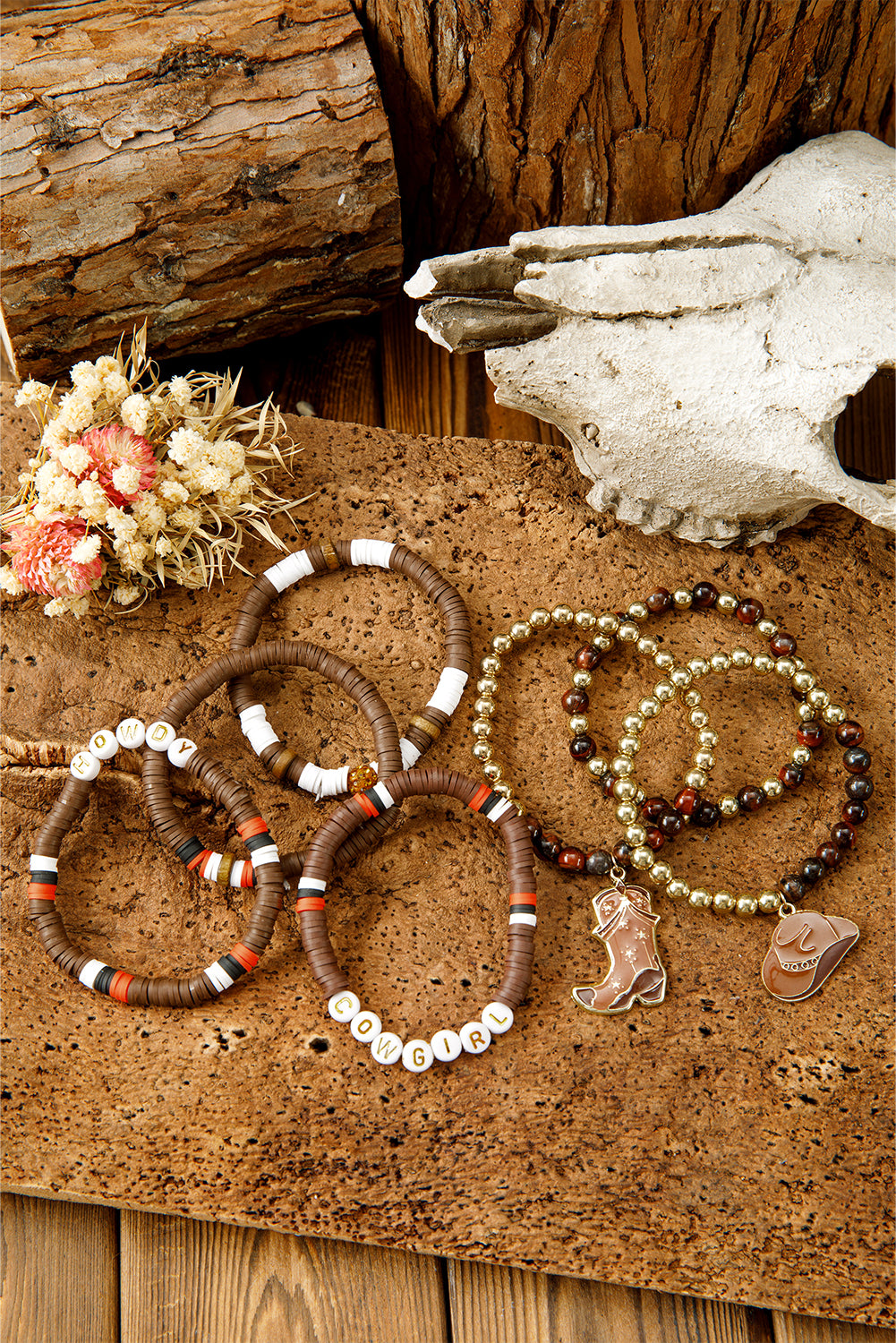 Coffee HOWDY COWGIRL Western Beaded 7pcs Stretch Bracelet Set