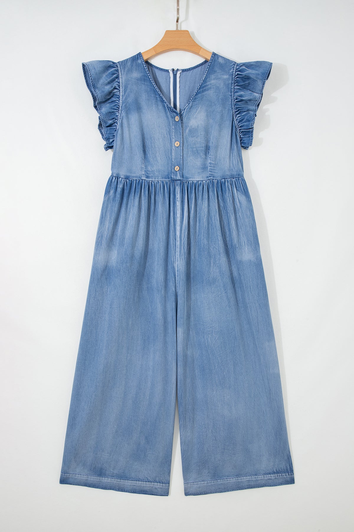 Ashleigh Blue Ruffled Short Sleeve Button V Neck Wide Leg Denim Jumpsuit