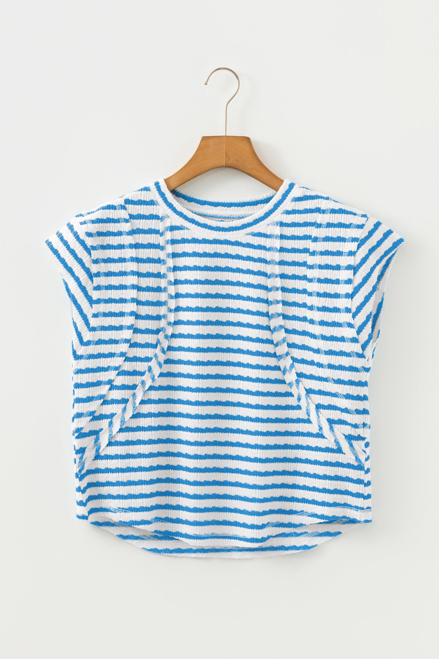 Blue Stripe Textured Short Sleeve Patchwork T Shirt