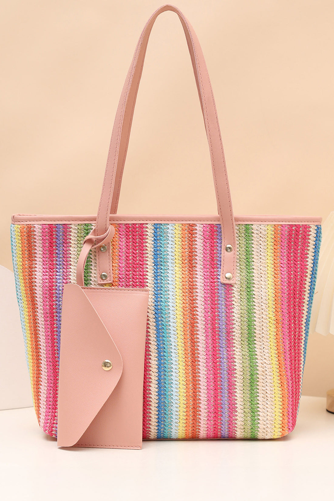 Bonbon Boho Crochet Straw Beach Tote Bag with Travel Purse