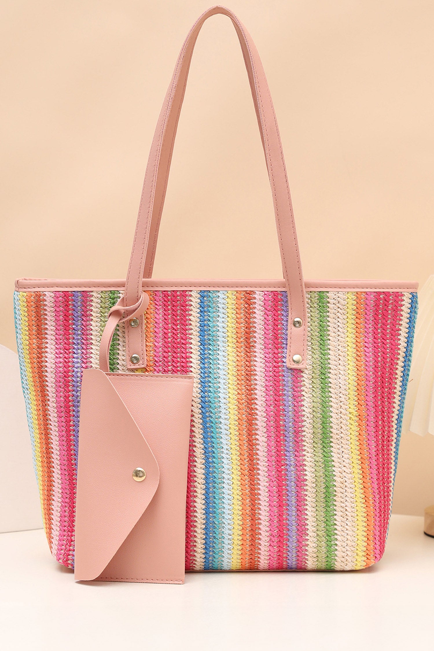 Bonbon Boho Crochet Straw Beach Tote Bag with Travel Purse