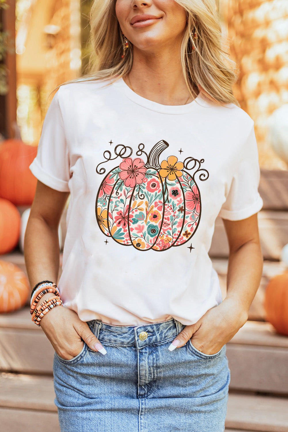 White Floral Pumpkin Print Cotton Blend T Shirt