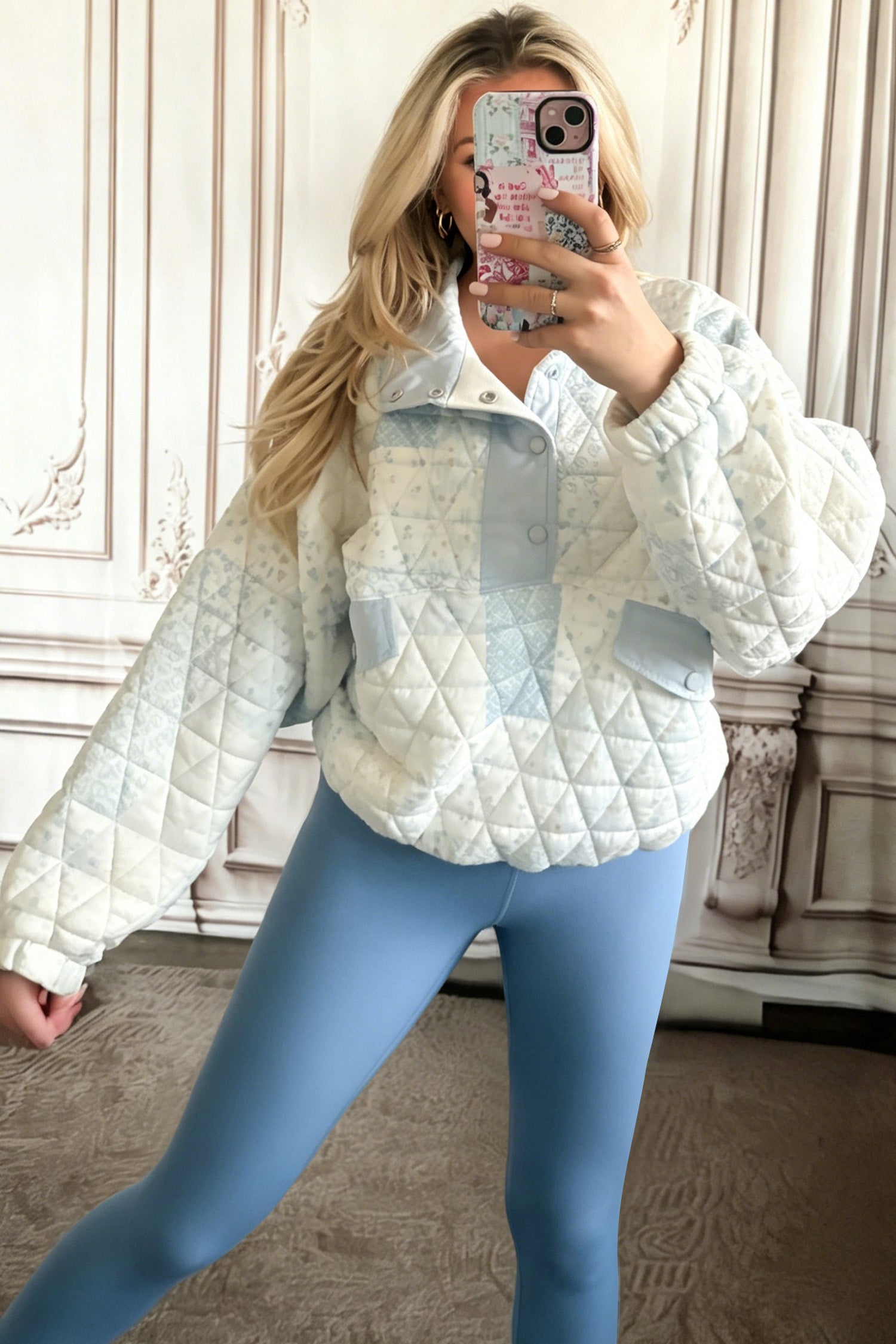 Multicolour Floral Quilted Jacket Collar Long Sleeve Shift Pullover Sweatshirt