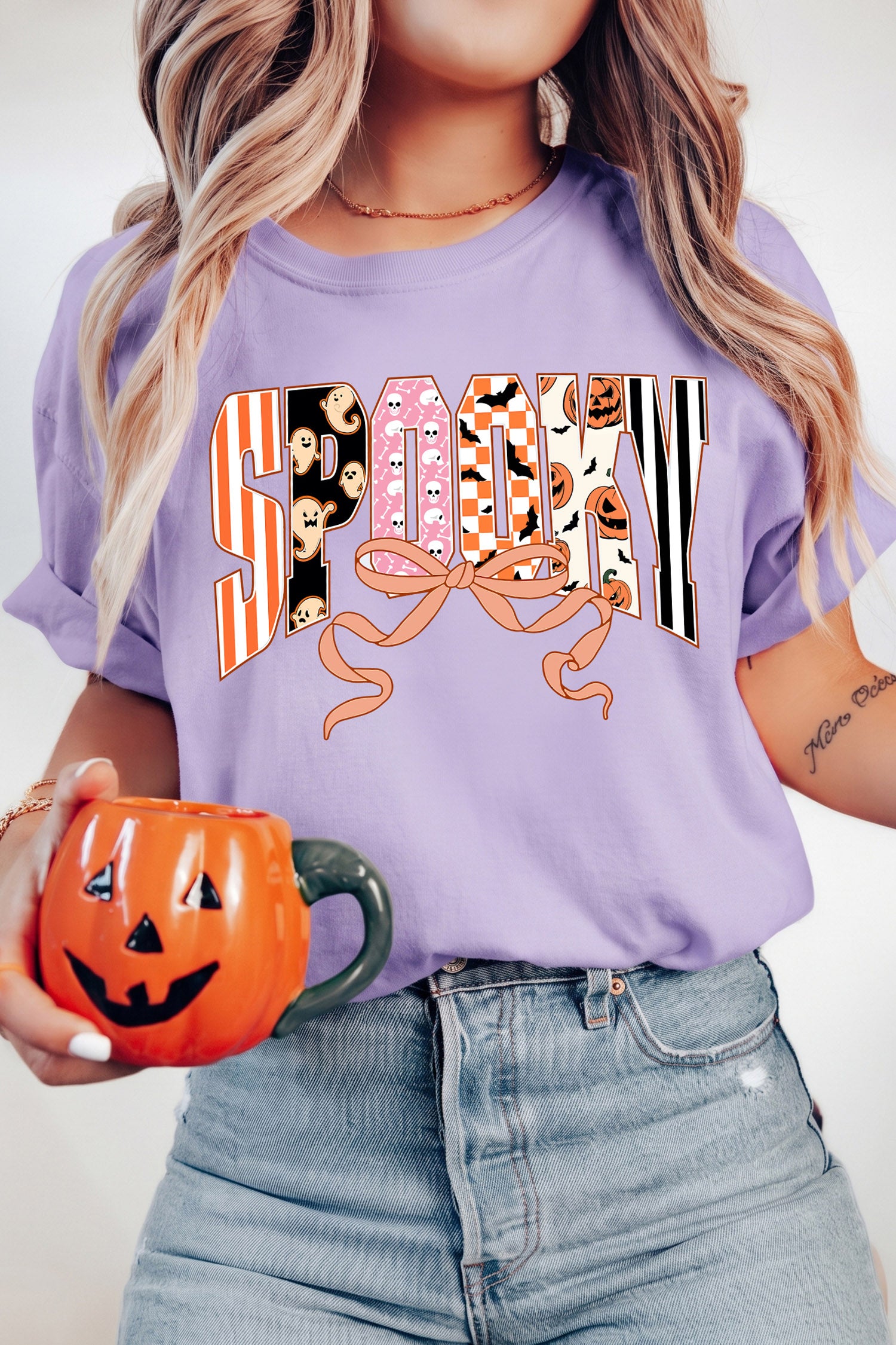 Orchid Petal Spooky Letter Print Round Neck Casual Halloween T Shirt