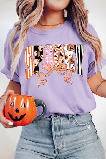 Orchid Petal Spooky Letter Print Round Neck Casual Halloween T Shirt