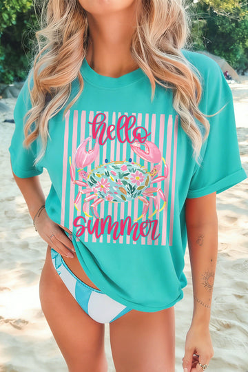 Mint Green Hello Summer Crab Print Loose Fit Short Sleeve T-Shirt