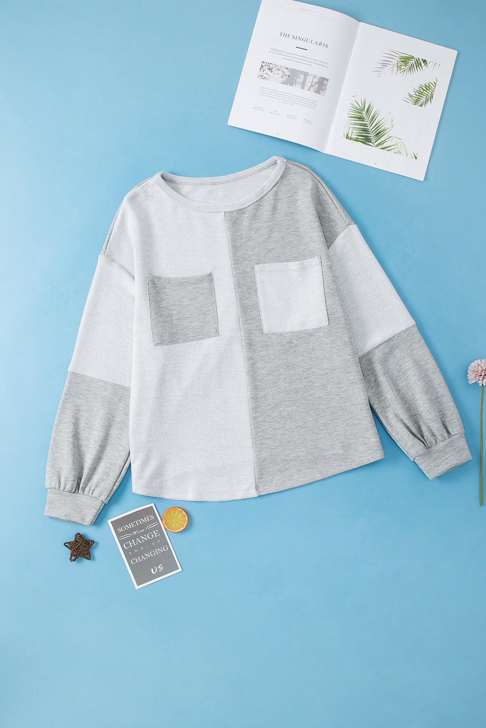 Gray Contrast Patchwork Double Chest Pocket Top