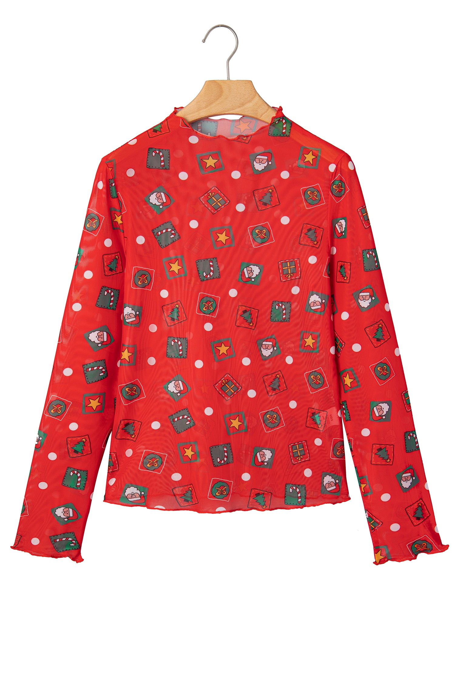 Fiery Red Christmas Elements Printed Long Sleeve Sheer Mesh Top