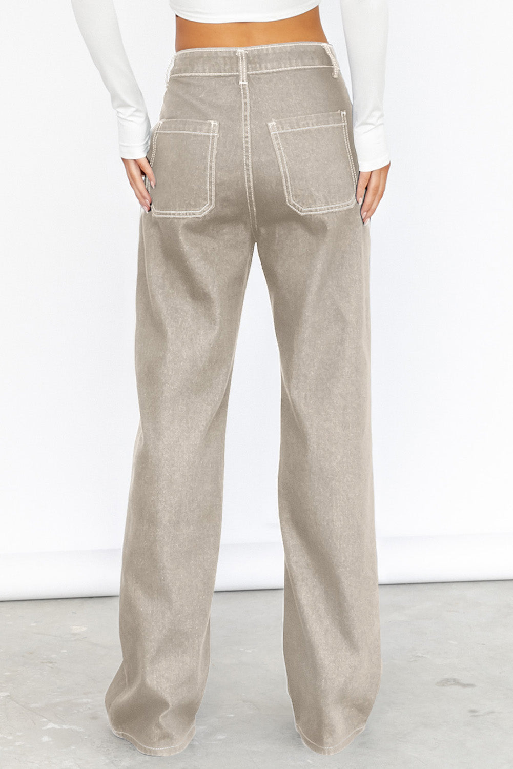 Apricot Contrast Stitching Multi Pockets Loose Jeans