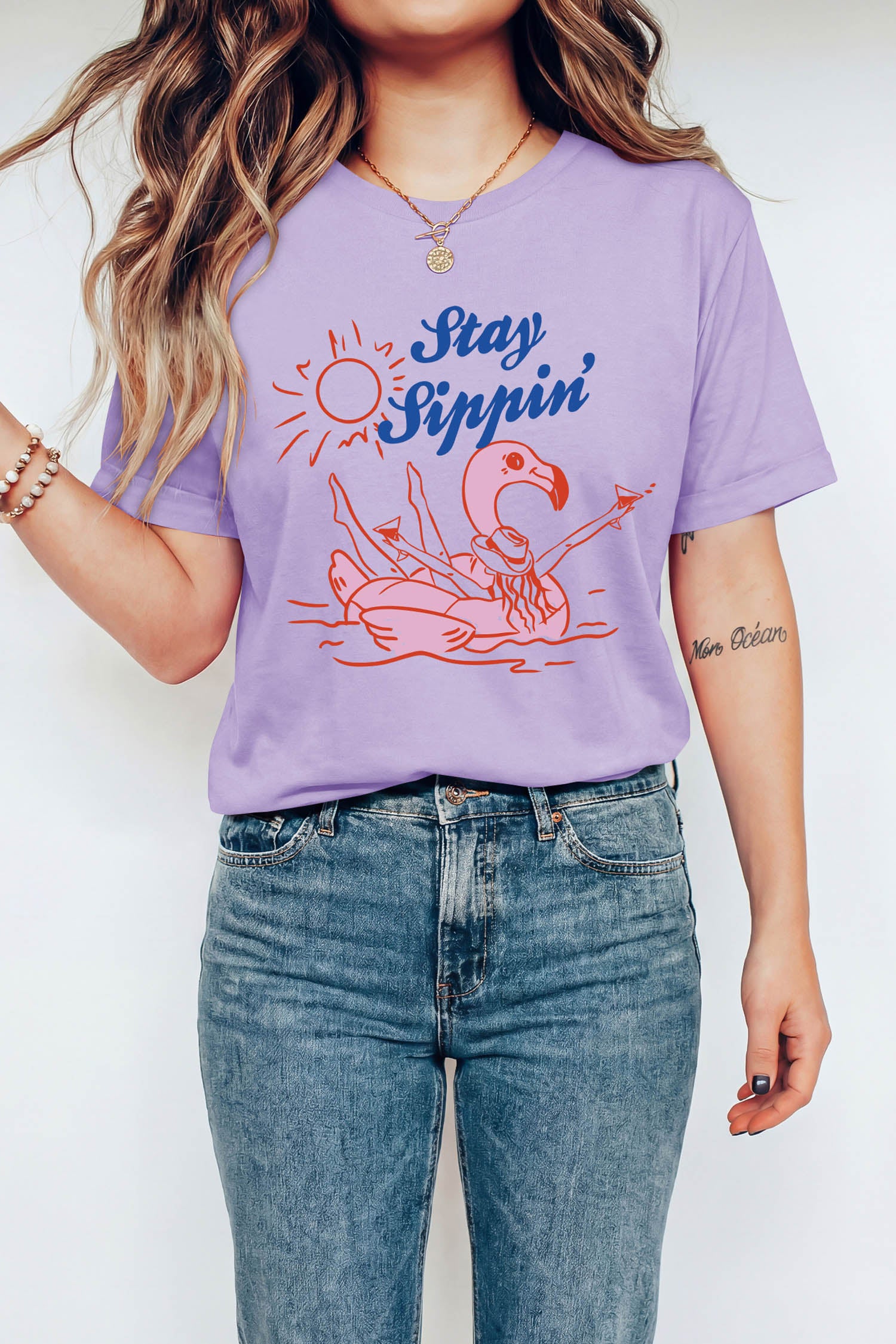Orchid Petal Stay Sippin Vacation Style Graphic Tee