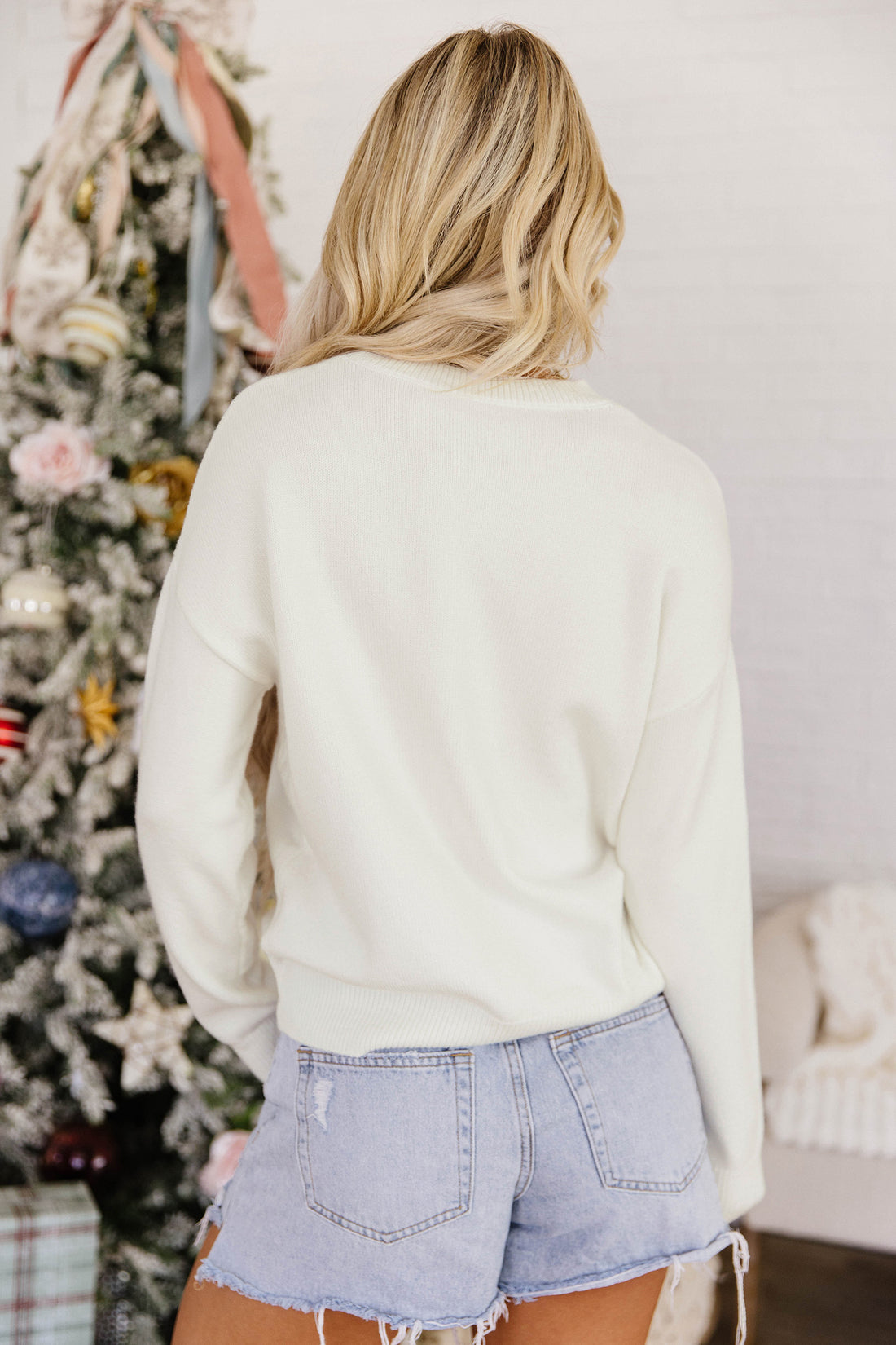 White Christmas Tree Bow Drop Shoulder Knit Sweater