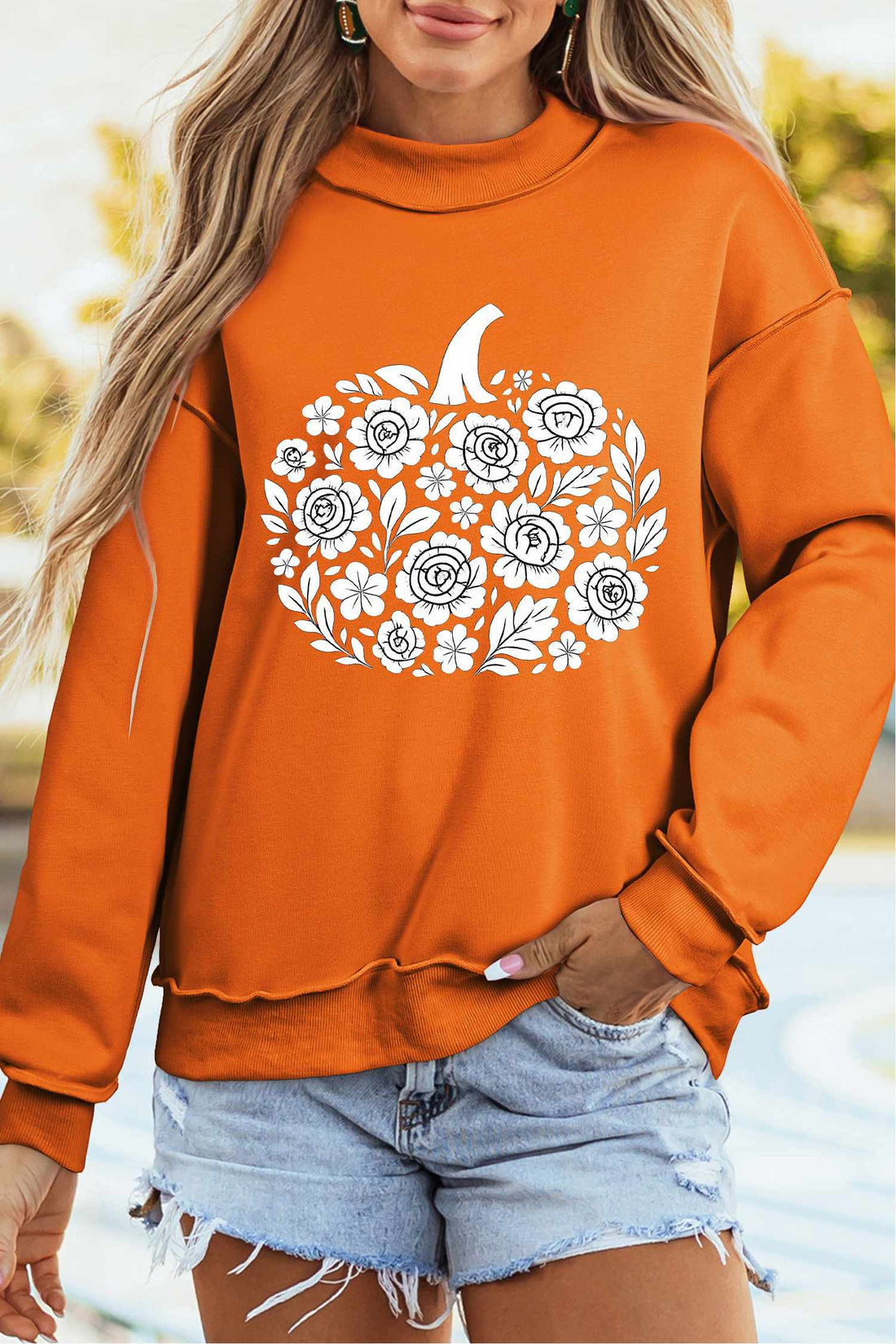 Carrot Floral Pumpkin Double Side Printed Mock Neck Reversible Sweatshirt