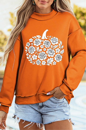 Carrot Floral Pumpkin Double Side Printed Mock Neck Reversible Sweatshirt