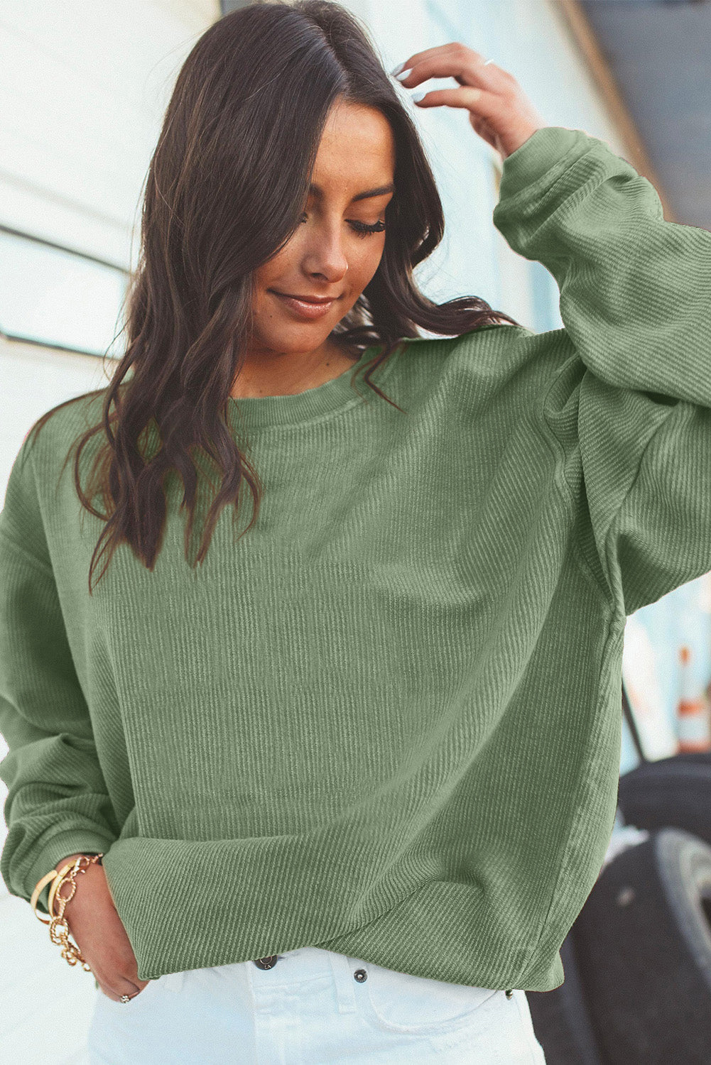 Grass Green Ribbed Corded Oversized Sweatshirt