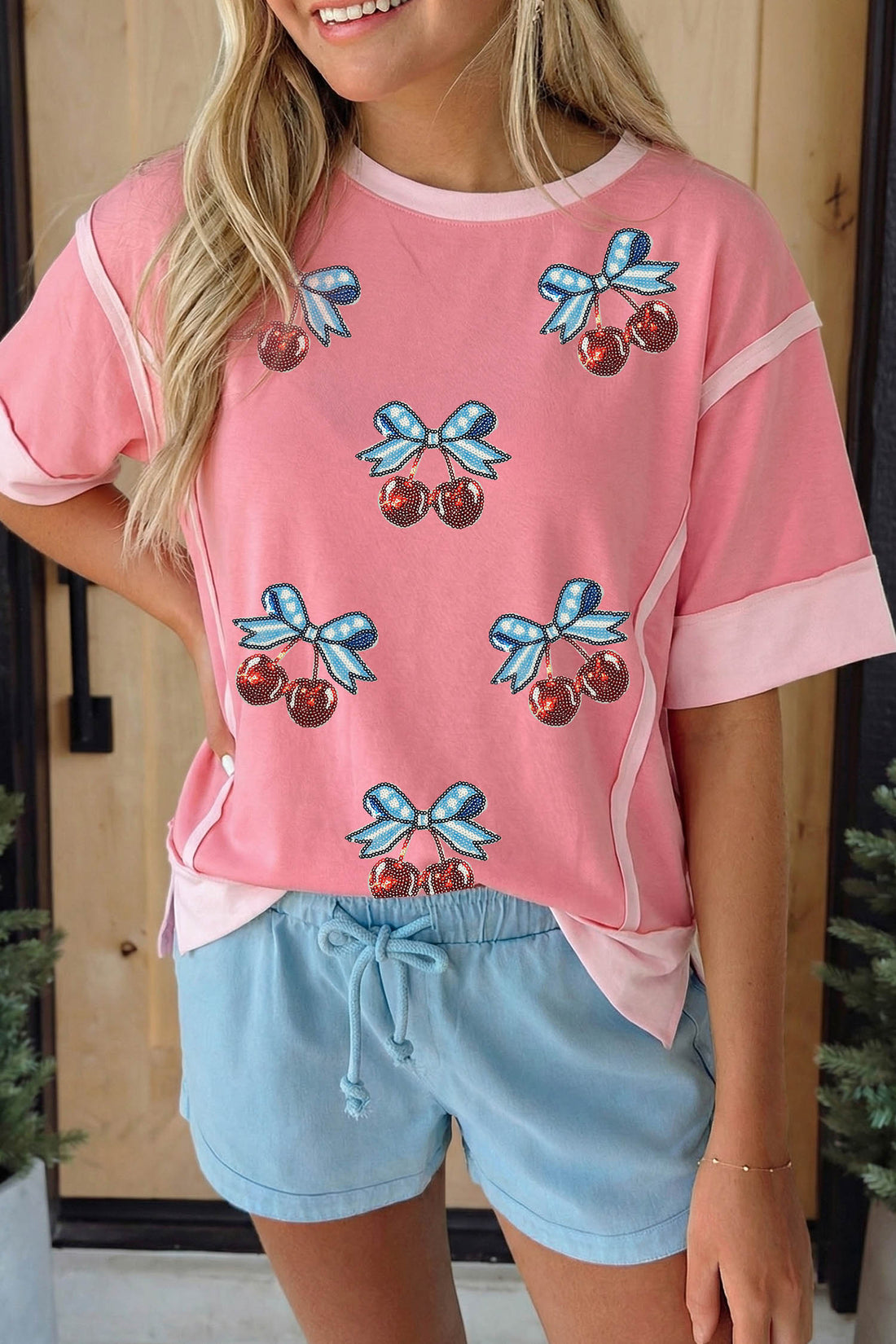 Peach Blossom Raw Seam Color Block Sequin Cherry Graphic Casual Shift Top