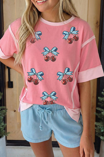 Peach Blossom Raw Seam Color Block Sequin Cherry Graphic Casual Shift Top