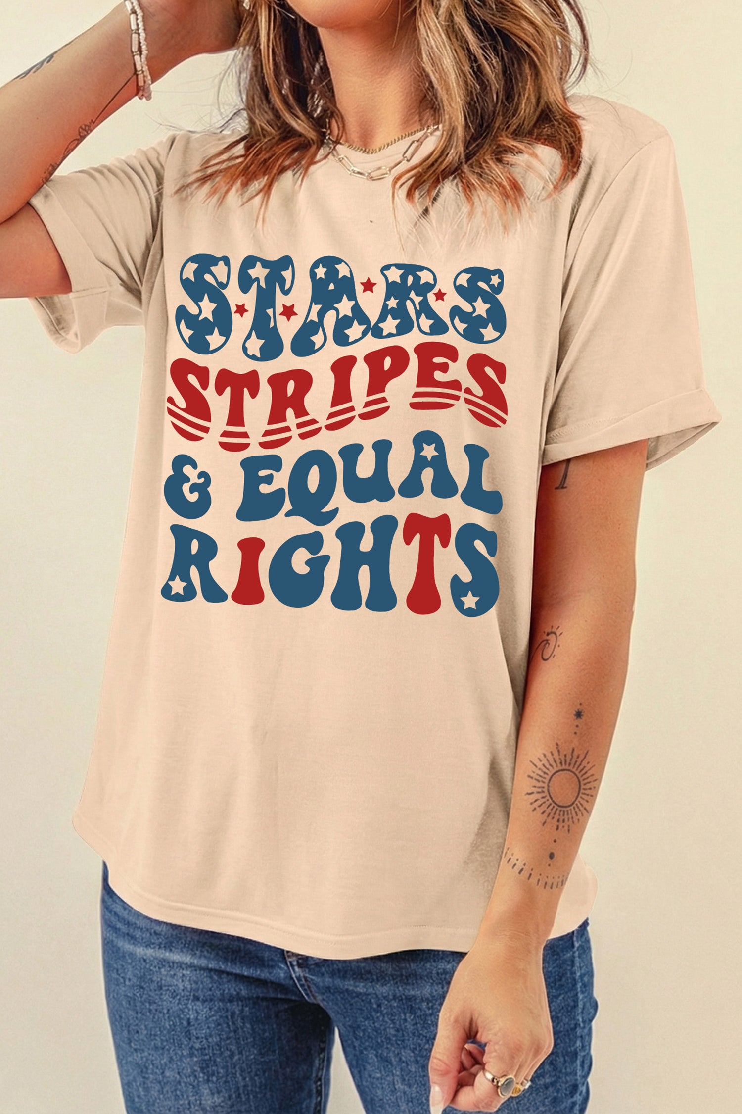 Khaki STARS STRIPES & EQUAL RIGHTS Retro 4th Of July T Shirt