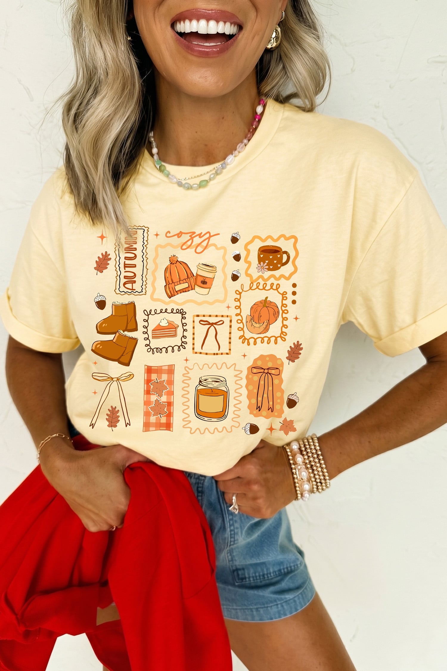 Yellow Cream Cozy Autumn Graphic Round Neck Relaxed T-Shirt