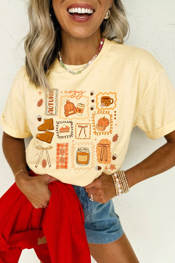 Yellow Cream Cozy Autumn Graphic Round Neck Relaxed T-Shirt