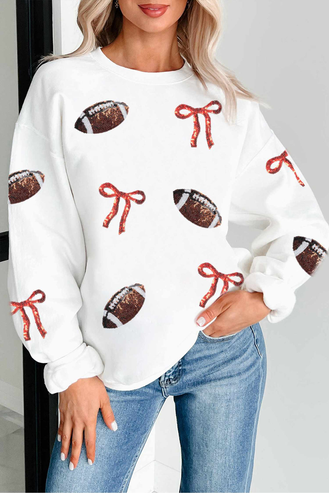 White Sequin Rugby Bow Graphic ODM Casual Pullover Sweatshirt