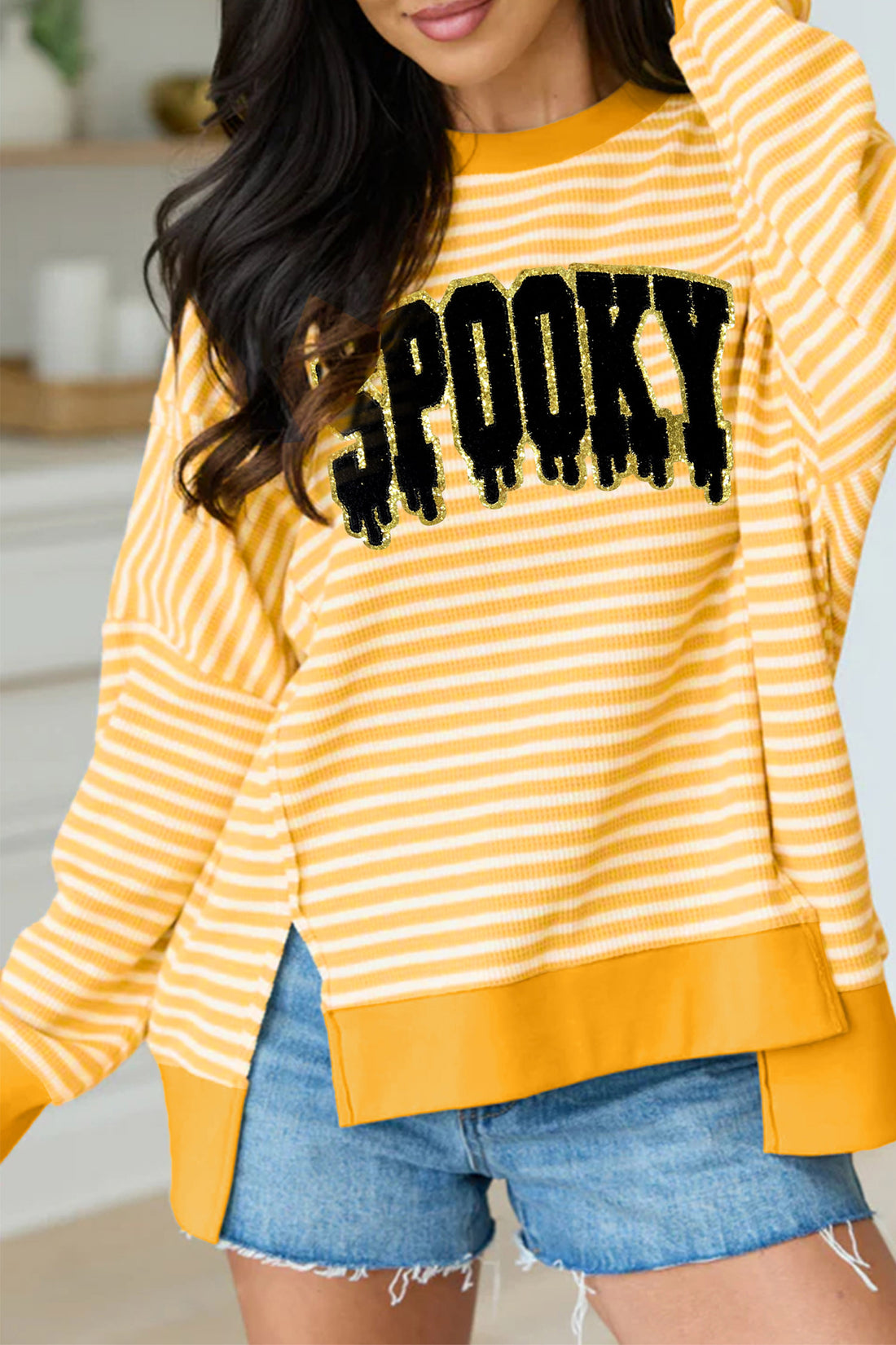 Khaki Stripe SPOOKY Halloween Slogan Split Hem Long Sleeve Top