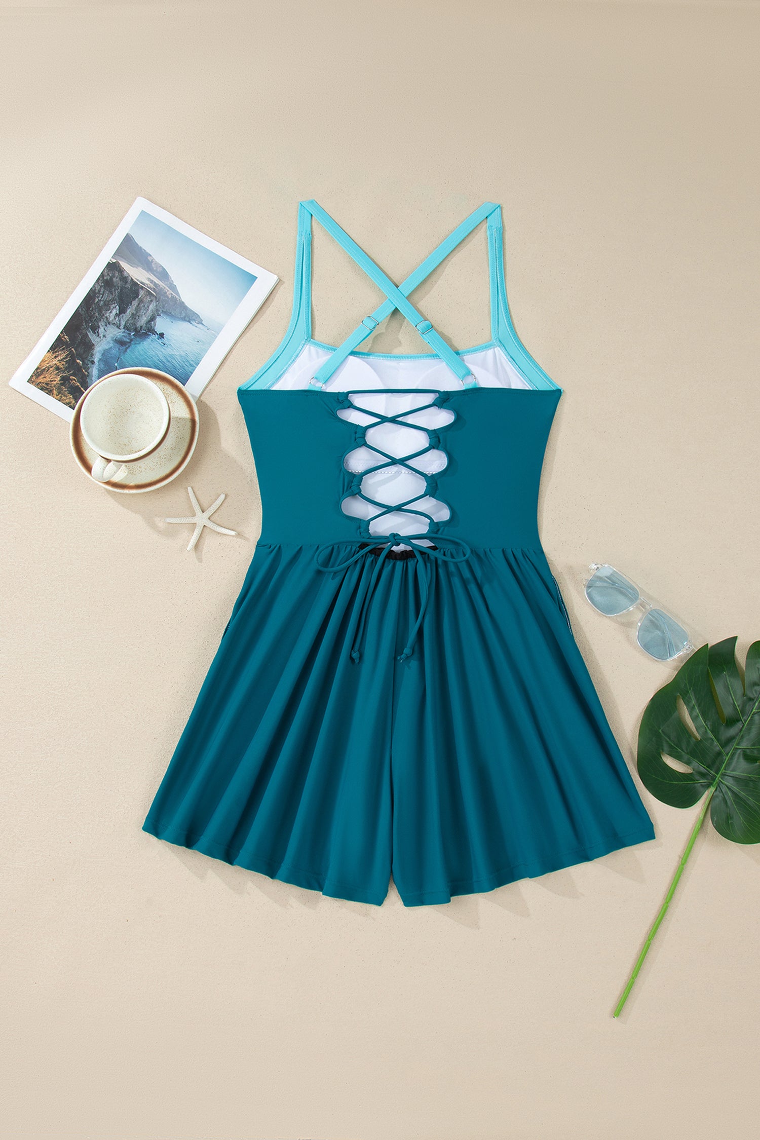 Skobeloff Contrast Trim Adjustable Straps Lace-up One Piece Swimsuit