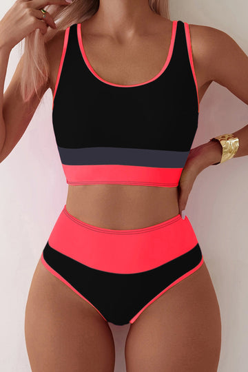 Tomato Red Athletic Color Block 2pcs High Waist Bikini Swimsuit