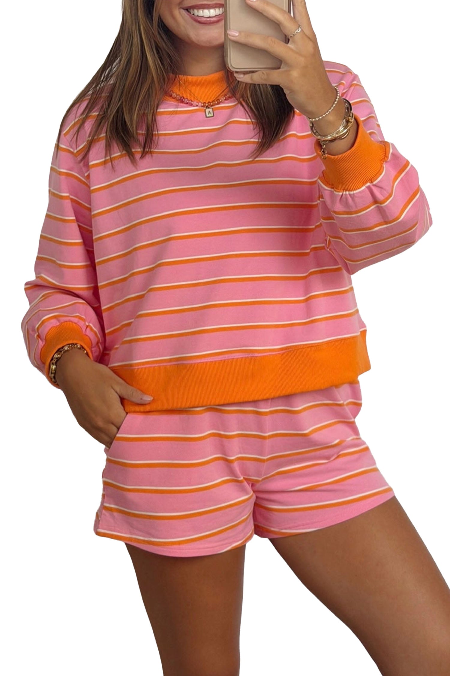 Rose Stripe Color Block Trim Long Sleeve Pullover Pocketed Shorts 2pcs Set