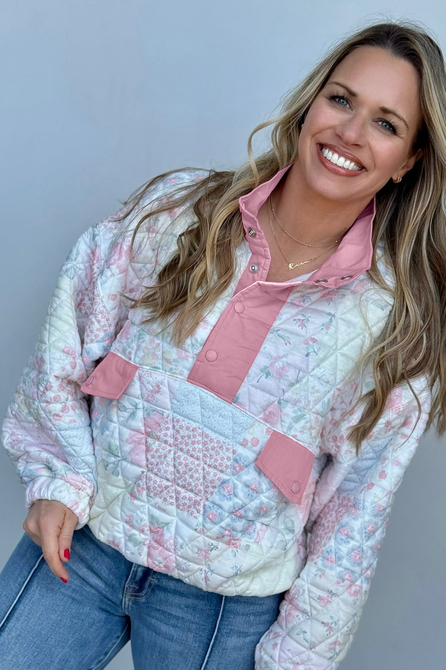 Pink Floral Quilted V-Neck Plus Size Fake Pocket Sweatshirt