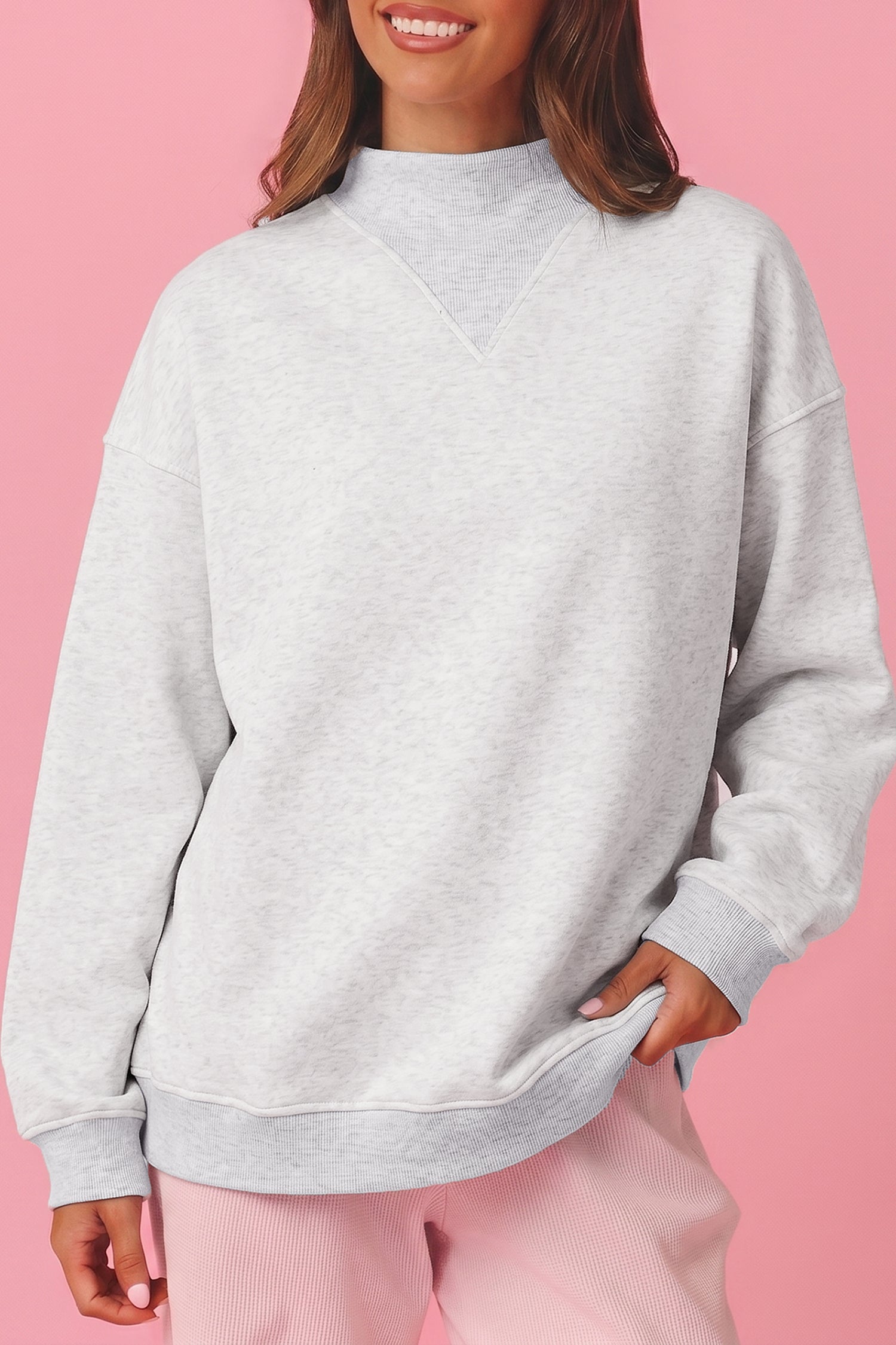 Light Grey High Neck Ribbed Cuff Hem Sweatshirt