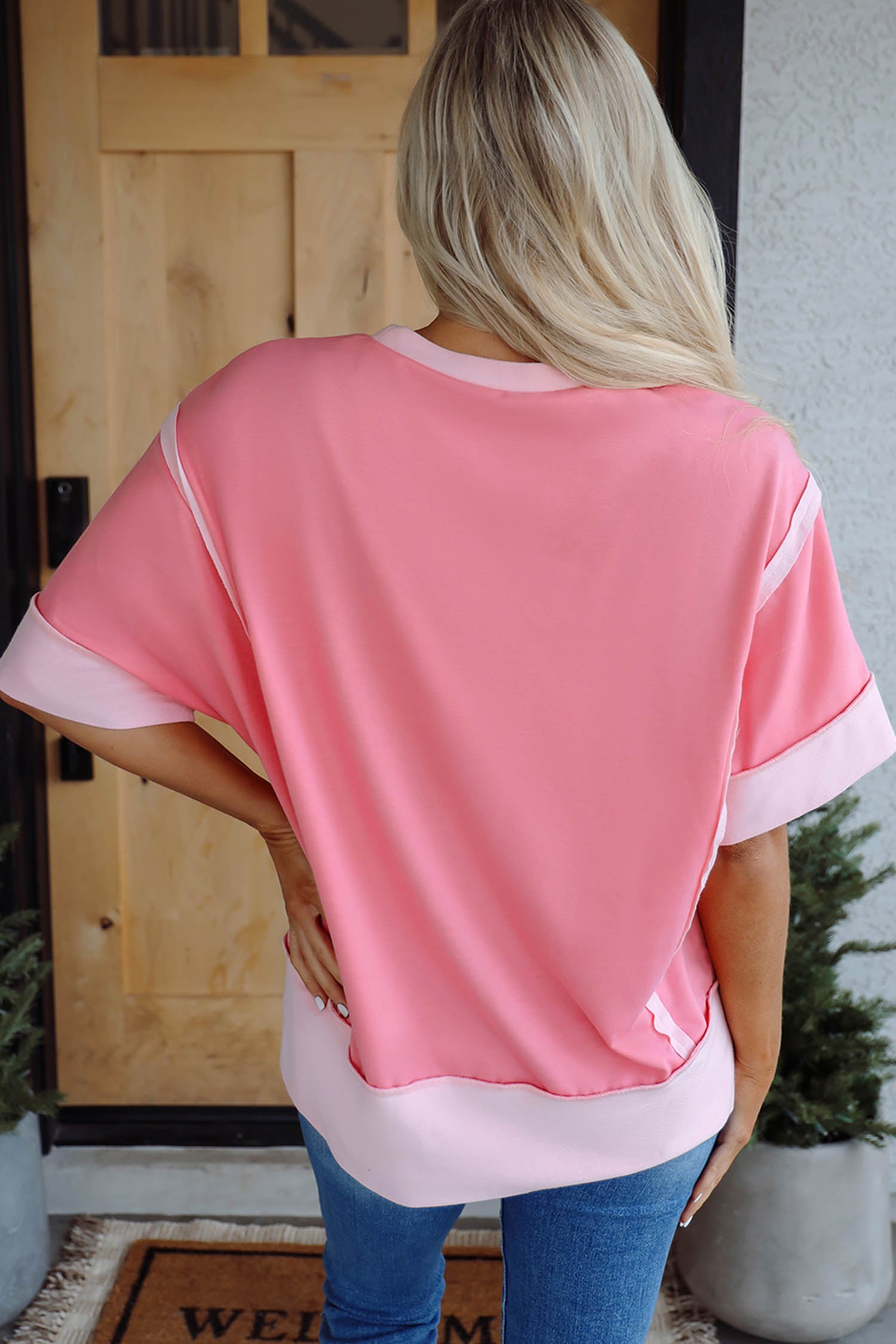 Peach Blossom Raw Seam Color Block Sequin Cherry Graphic Casual Shift Top