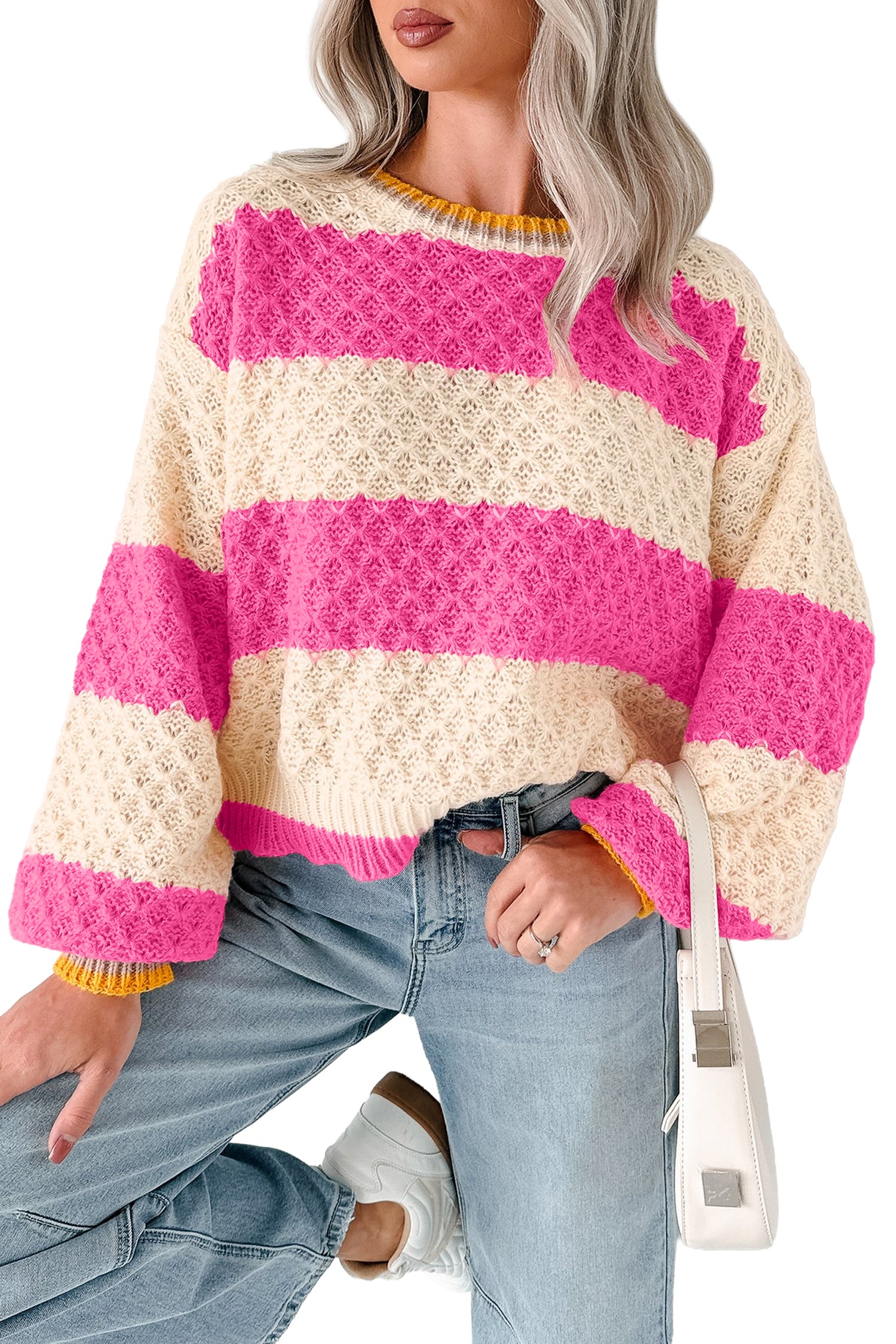 Pink Stripe Striped Colorblock Texture Drop Shoulder Sweater