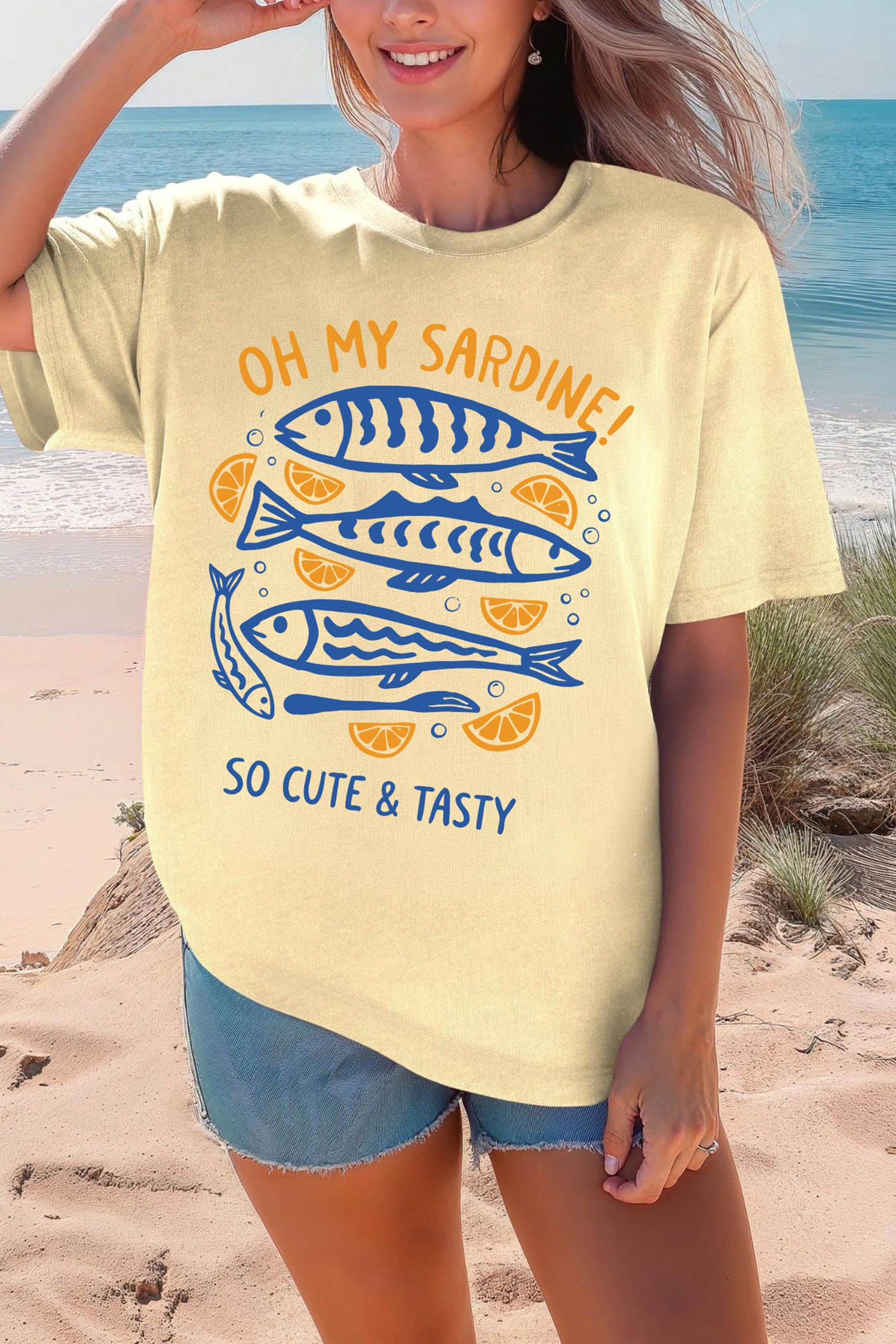 Yellow Cream OH MY SARDINE Lemon Fish Printed T Shirt