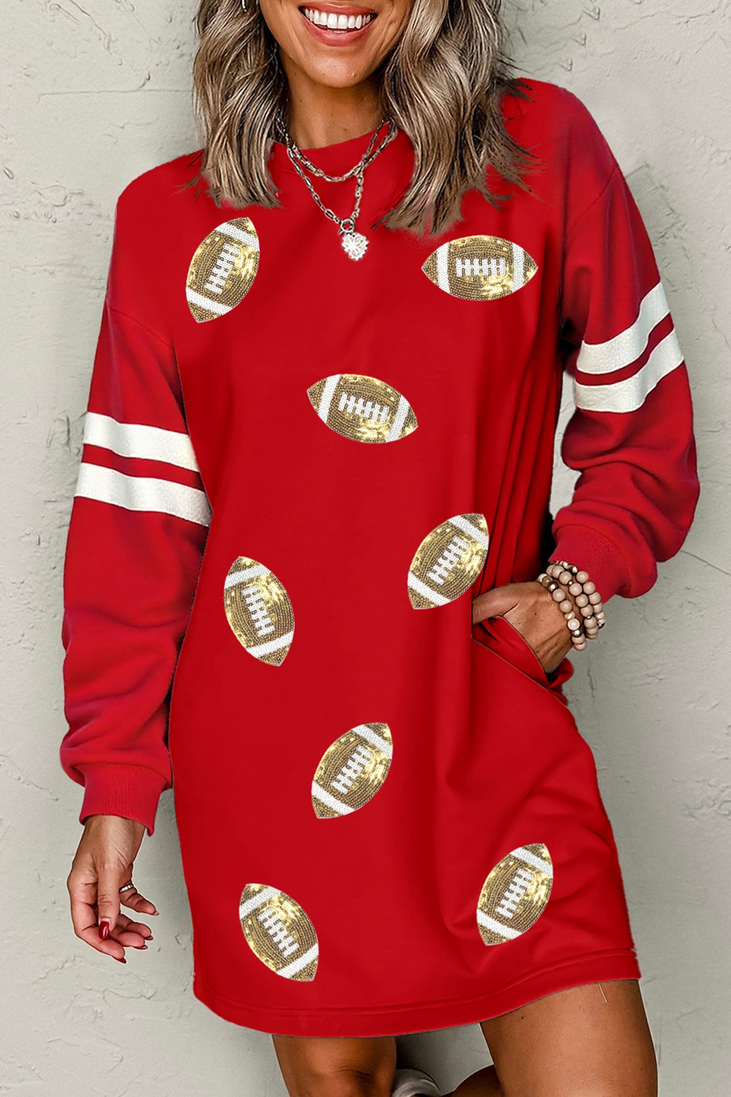Fiery Red Varsity Striped Sleeve Sequin Rugby Pattern Sweatshirt Dress