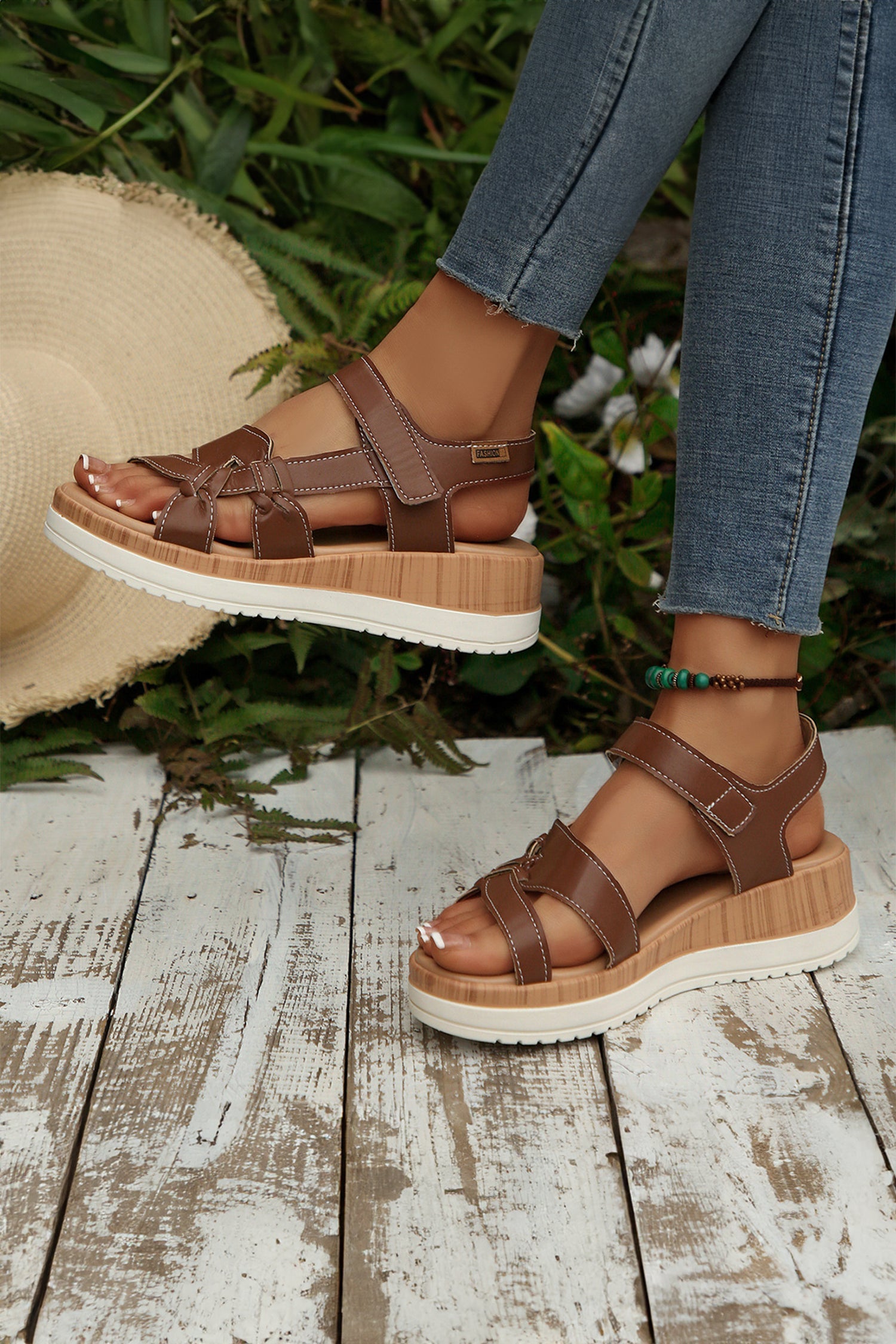 Coffee Low Cut PU Leather Slip-on TPR Sole Casual Sandals