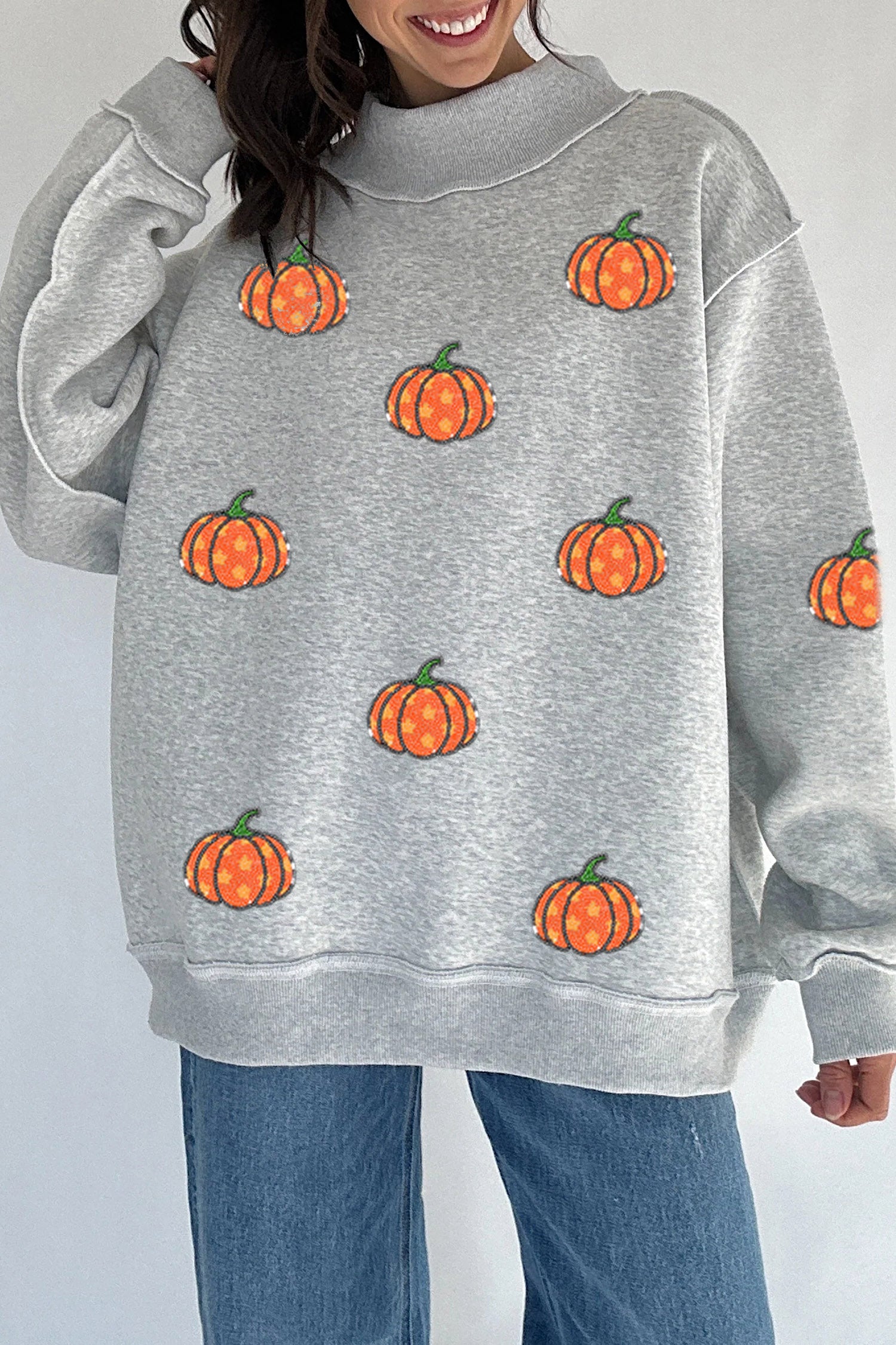 Light Grey Sequin Star Pumpkin Graphic Exposed Seam Mock Neck Sweatshirt